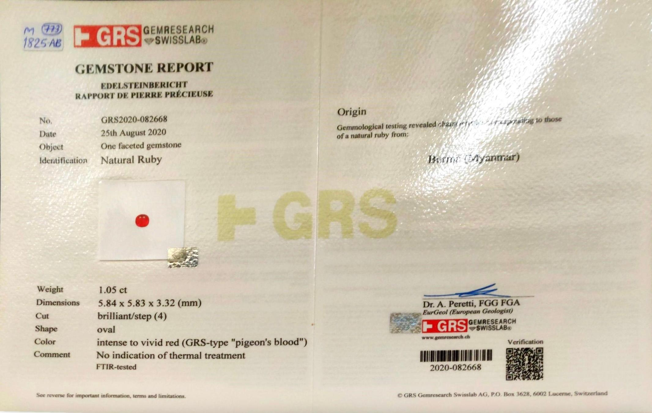 Modern GRS Certified 1.05 Carat Burmese Ruby No Heat Pigeon Blood Ring in 18K Gold For Sale