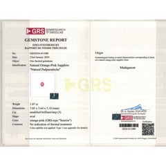 Gemma arancione rosa Padparadscha naturale non riscaldata da 1,07 carati con rapporto GRS