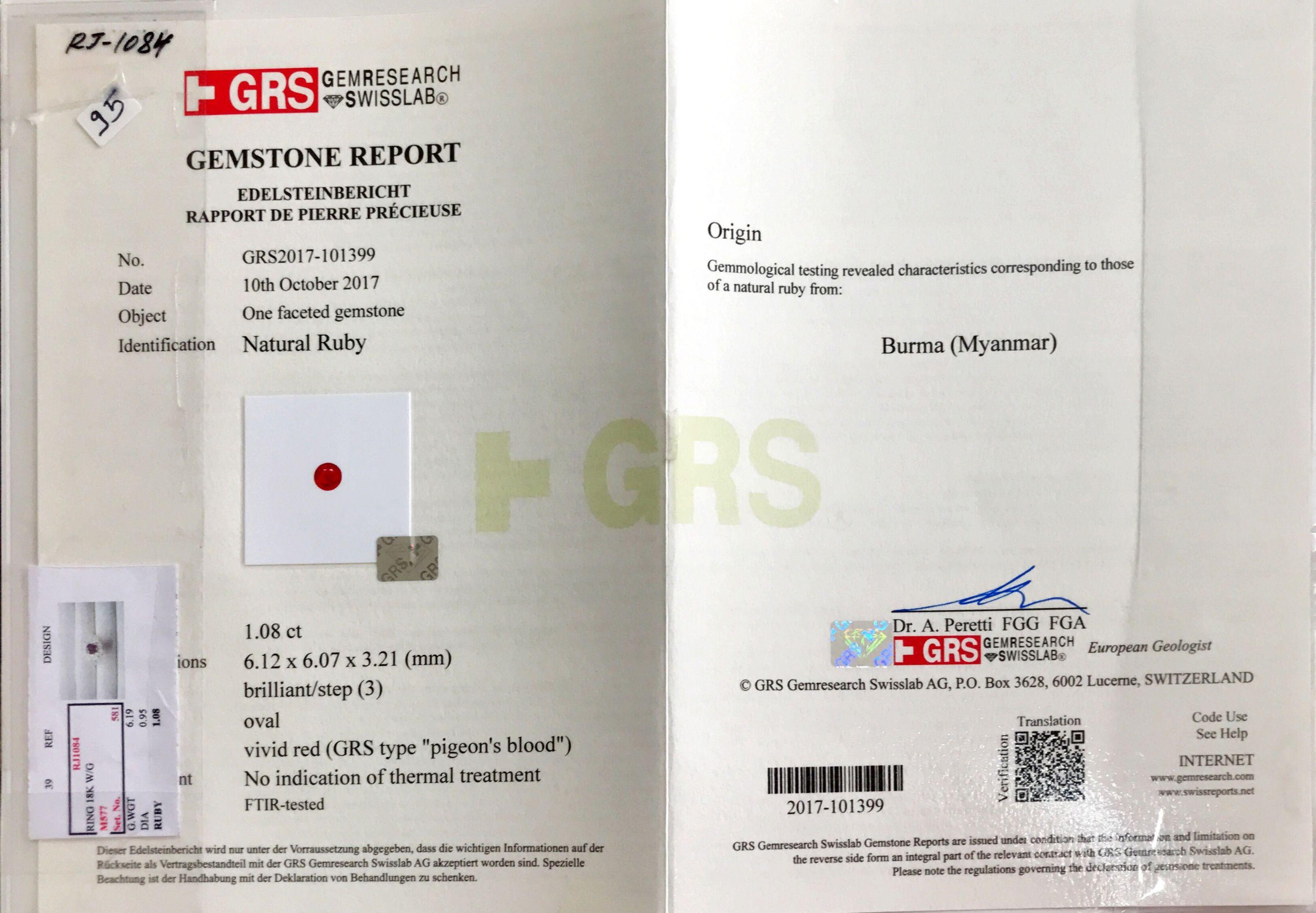 GRS Certified 1.08 Carat Burma Ruby Pigeon Blood Diamond Ring For Sale 2
