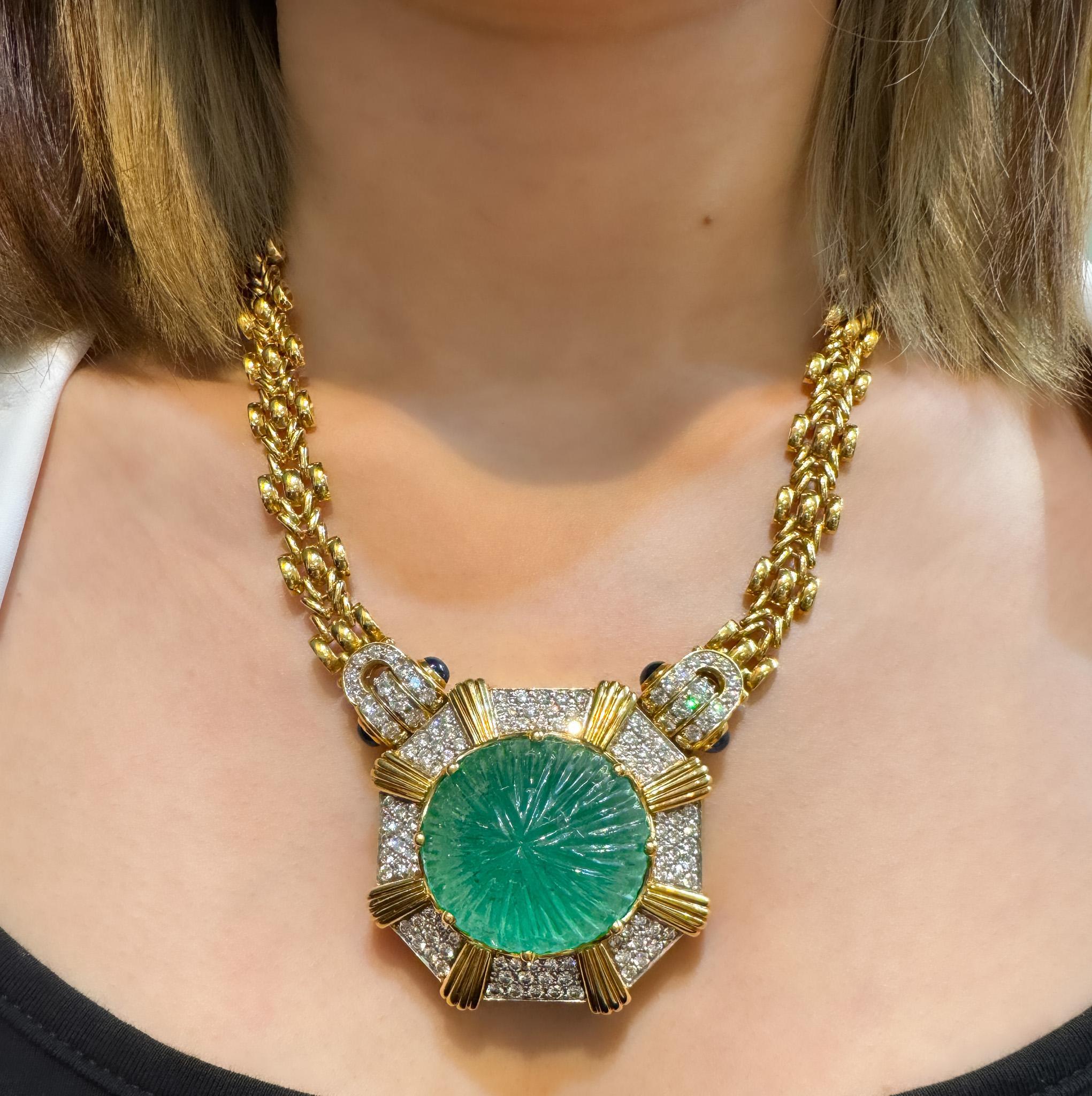 Retro GRS Certified 108 Carat Carved Pastel Green Emerald Regal Pendant Necklace For Sale