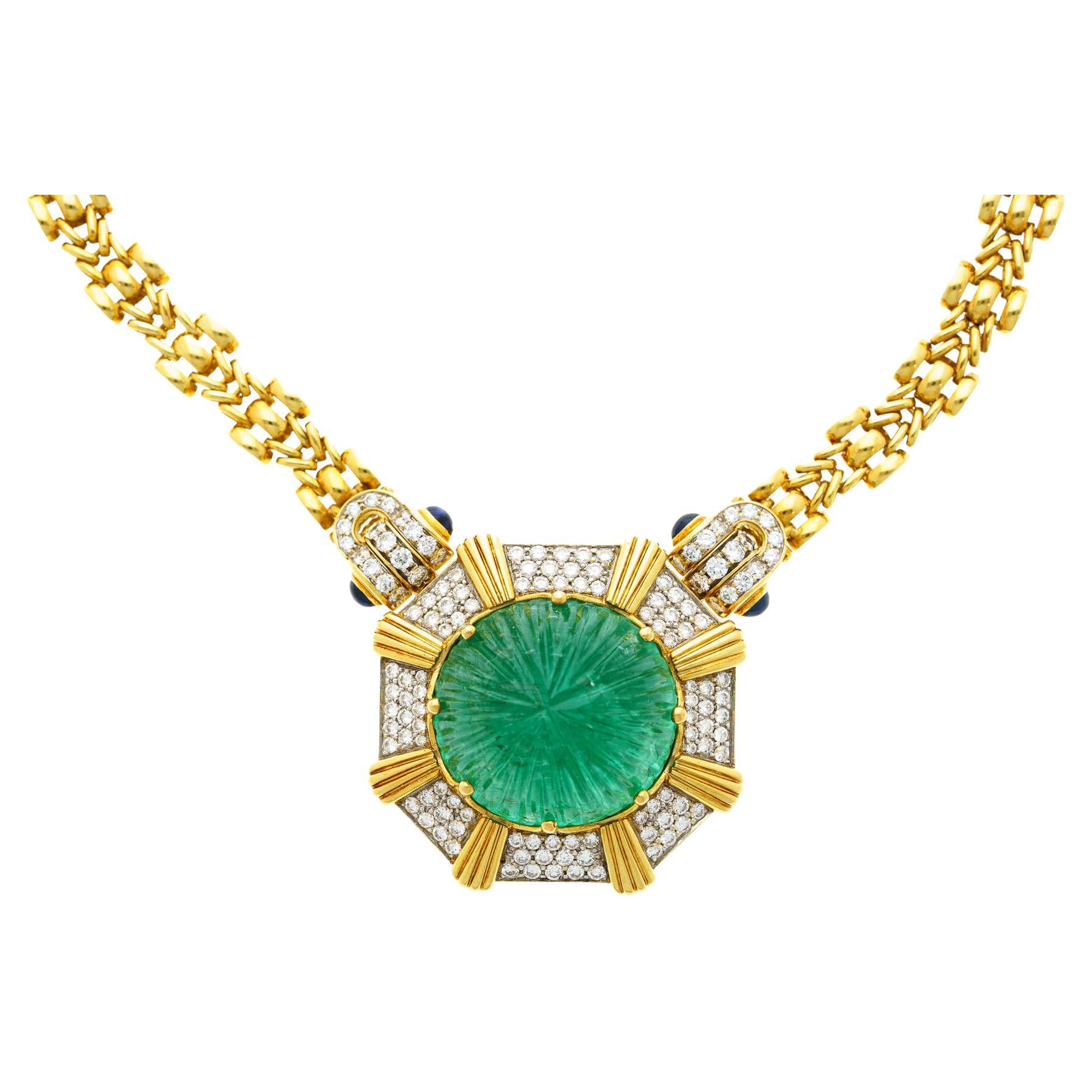 GRS Certified 108 Carat Carved Pastel Green Emerald Regal Pendant Necklace For Sale