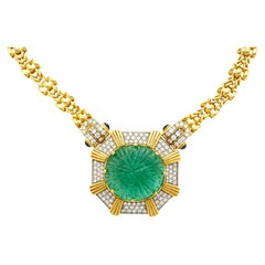 Retro GRS Certified 108 Carat Carved Pastel Green Emerald Regal Pendant Necklace