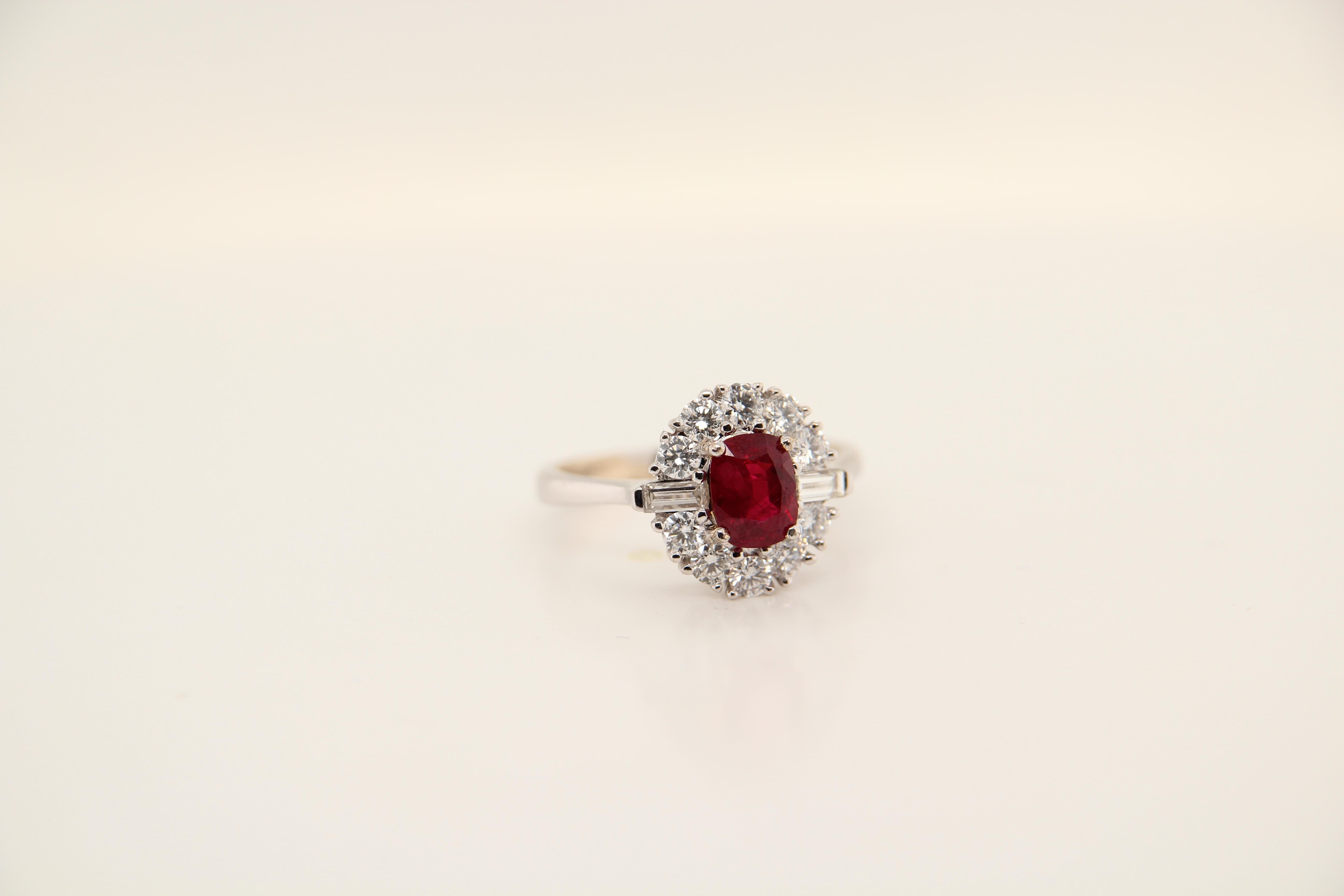 Cushion Cut GRS Certified 1.10 Carat Burma Ruby Pigeon Blood Diamond 18 Karat Gold Ring