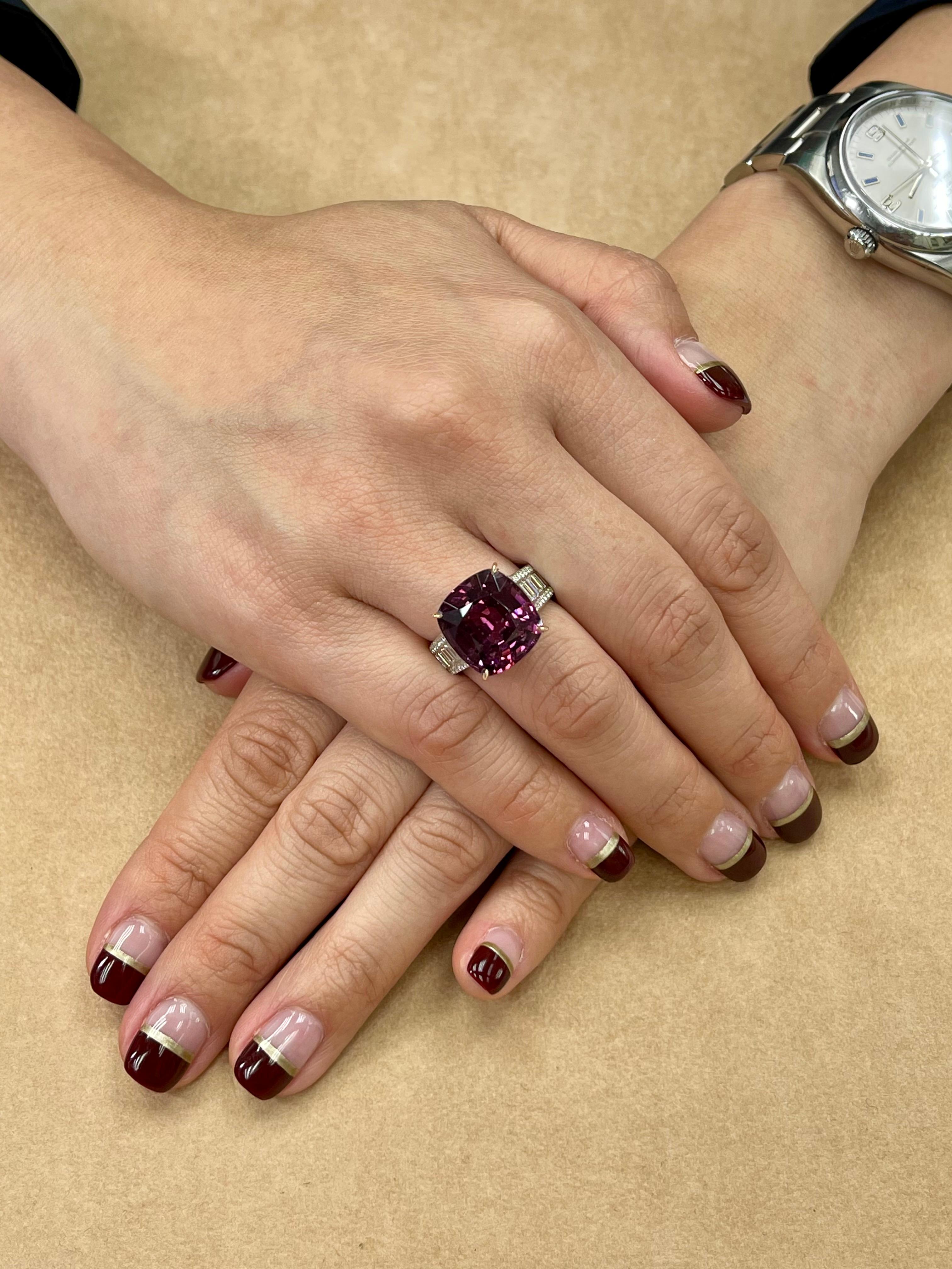 Please check out the HD video! Its not easy to find natural Burma no heat spinels that are over 10 cts. Not only is this spinel oversized the color is very nice. This ring is a statement piece. It is certified by GRS.  Here is an oversized 11.07 cts