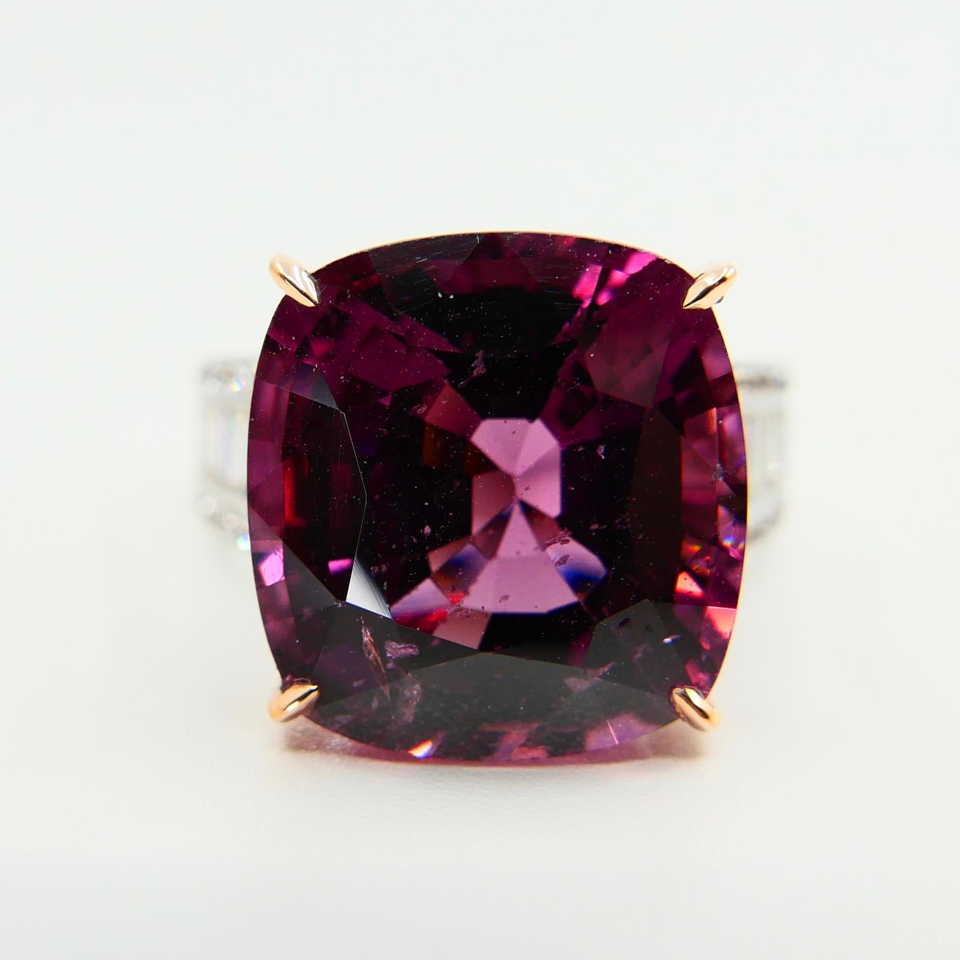 Cushion Cut GRS Certified 11.07 Carat Spinel and Diamond Ring, Pinkish Purple, Burma No Heat