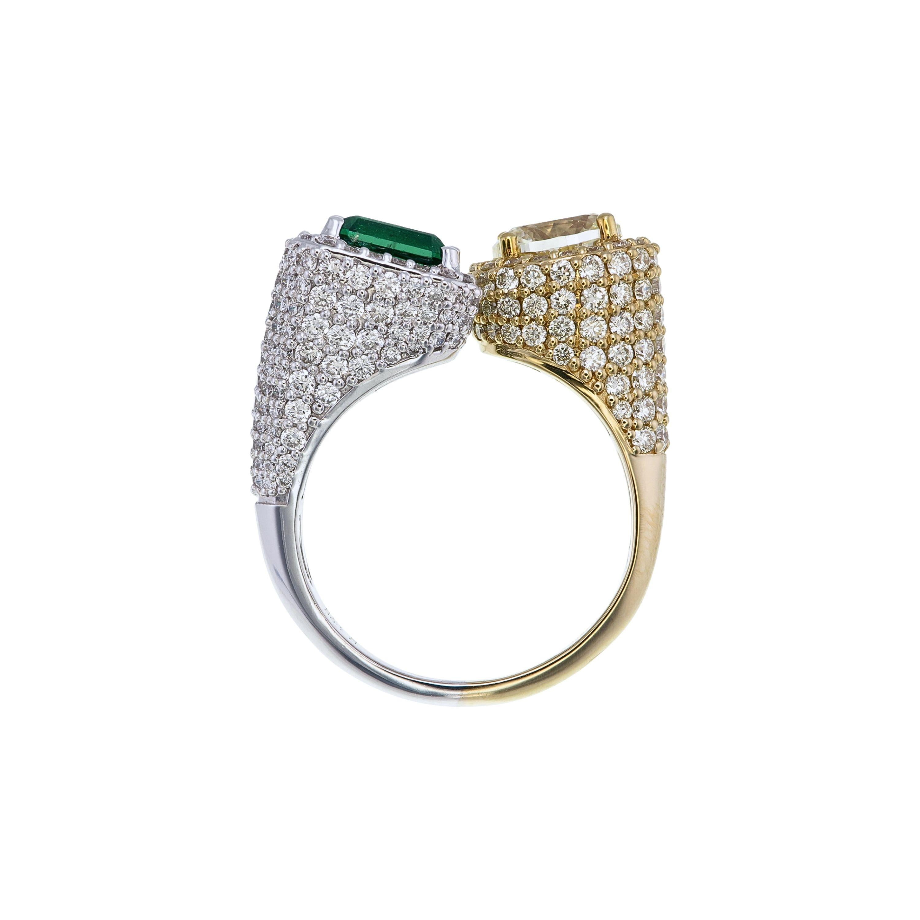 GRS-zertifizierter 1,13 Karat Vivid G. Smaragd & Fancy Gelber Diamant Toi et Moi Ring, Toi et Moi (Zeitgenössisch) im Angebot