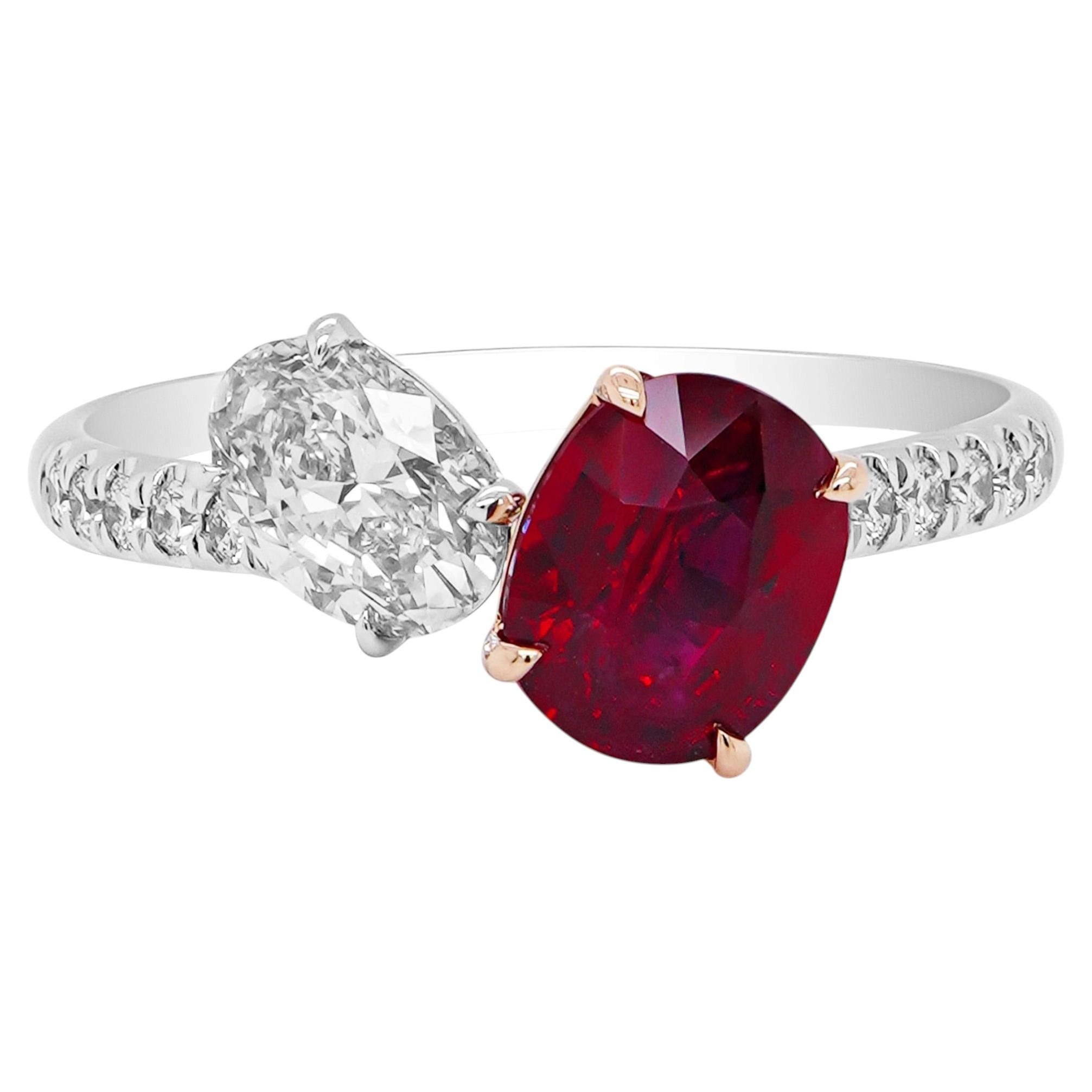 GRS Certified 1.19 Carats Pigeon Blood No Heat Burma Ruby and Oval Twin Ring