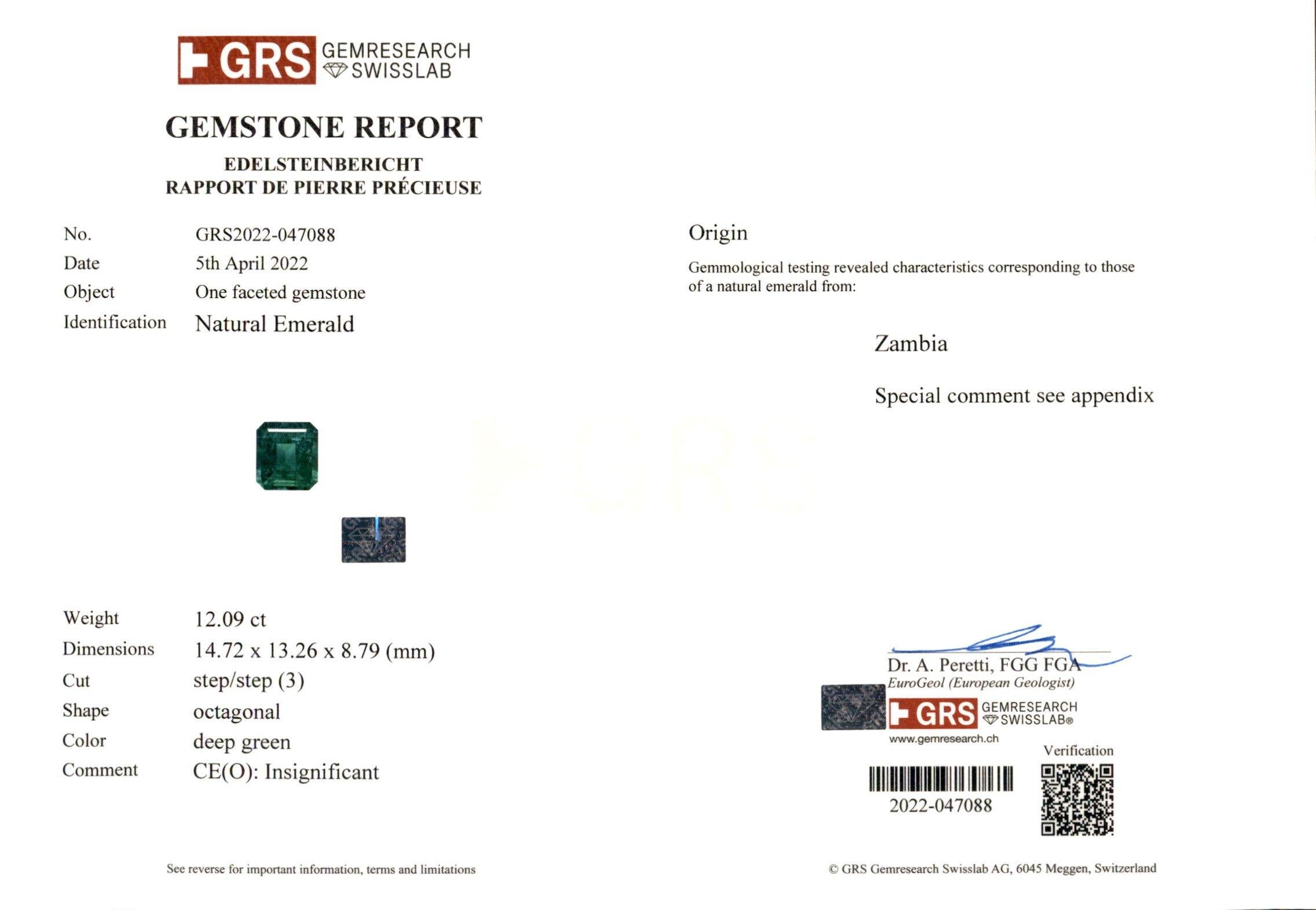 Contemporary GRS Certified 12 Carat DEEP Green Emerald NO OIL Ring For Sale