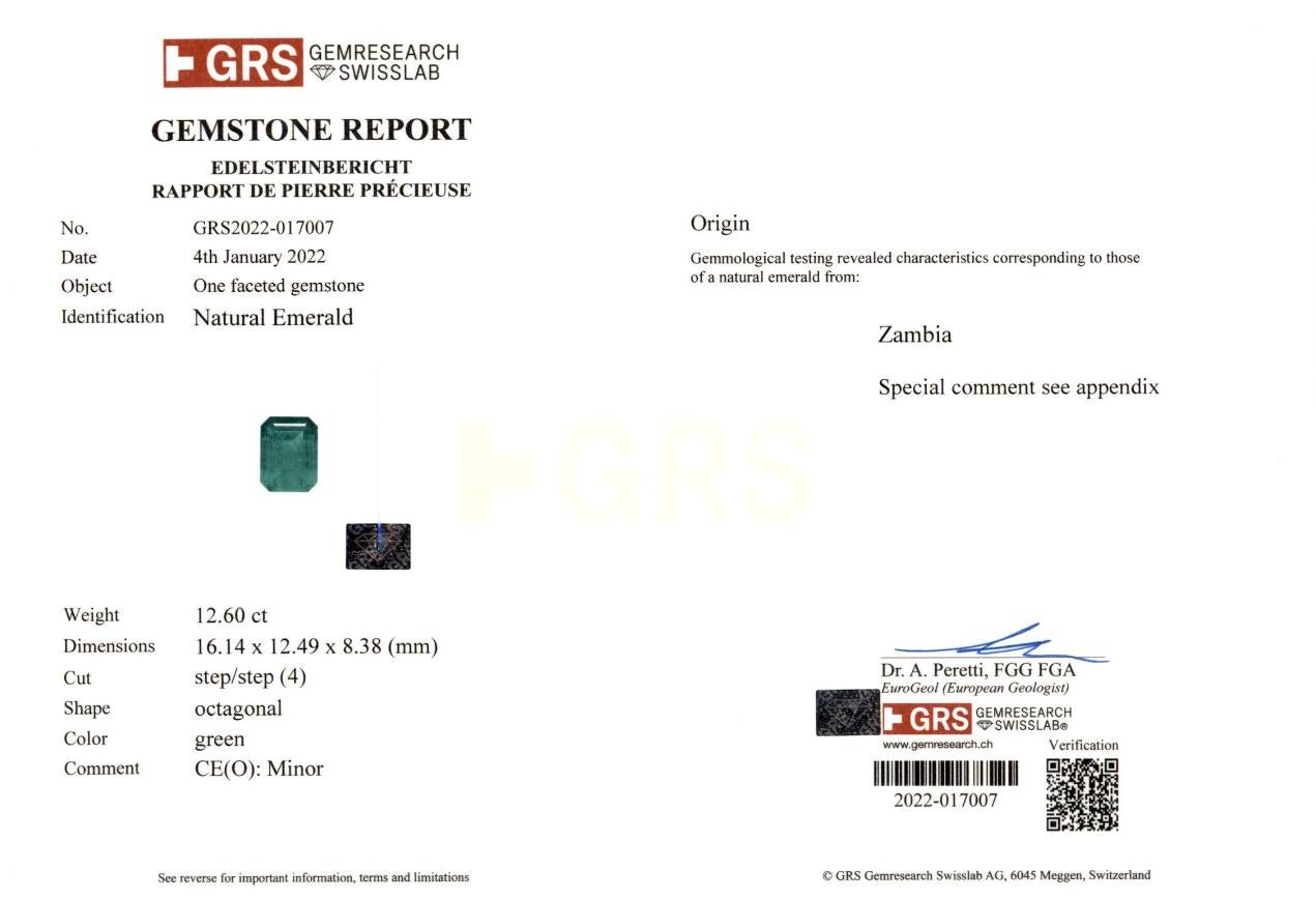Emerald Cut GRS Certified 12 Carat Minor Oil Green Emerald 18k White Gold Ring For Sale