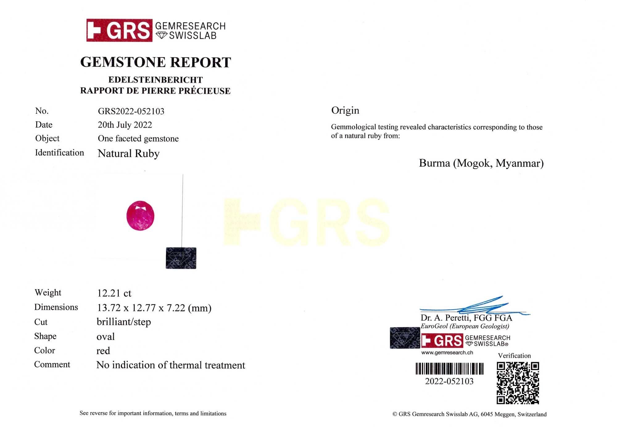 Taille ovale GRS Certified 12 Carat NO HEAT Burmese Ruby Oval Diamond Ring (bague à diamant ovale en rubis birman certifié GRS) en vente