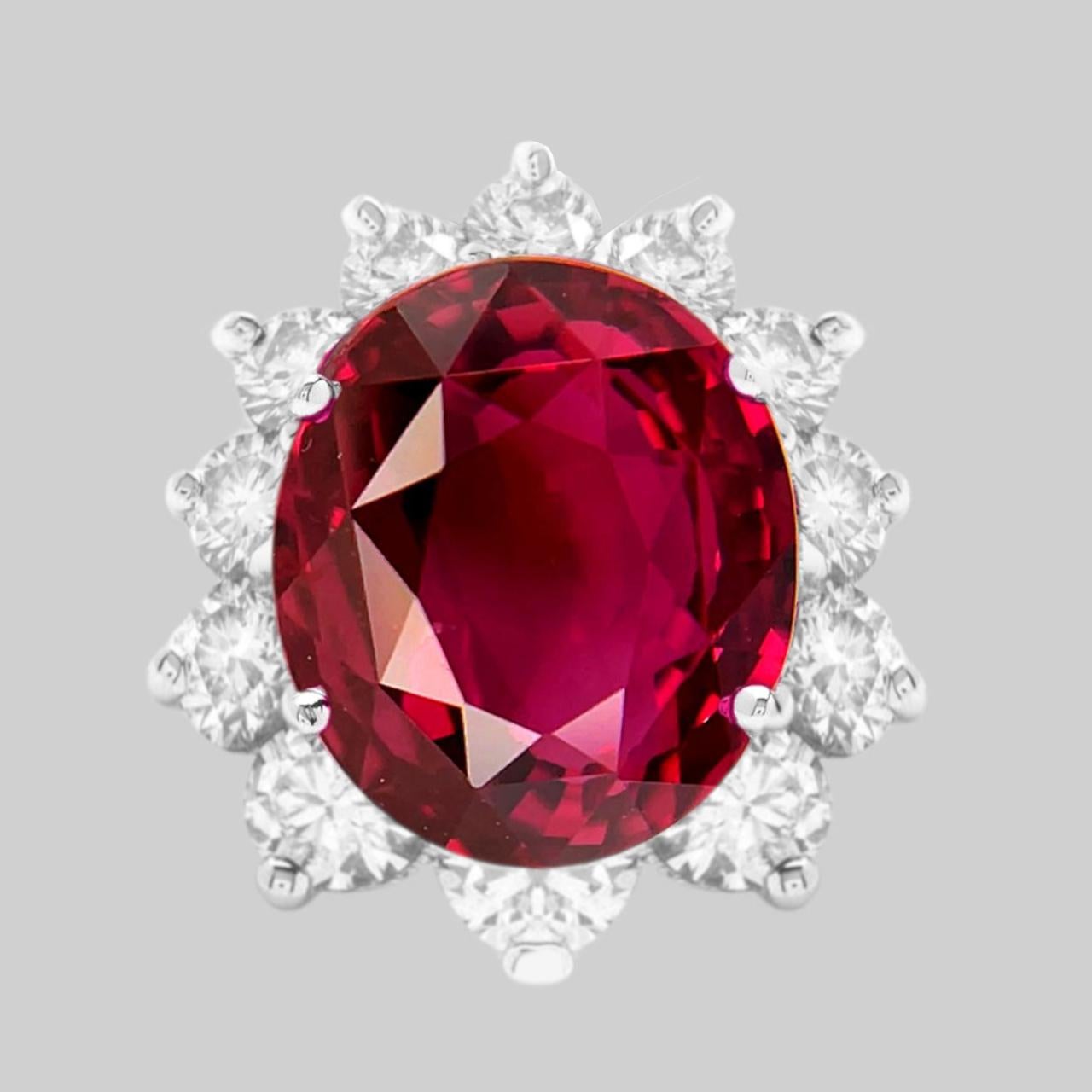 GRS Certified 12 Carat NO HEAT Burmese Ruby Oval Diamond Ring In New Condition For Sale In Rome, IT