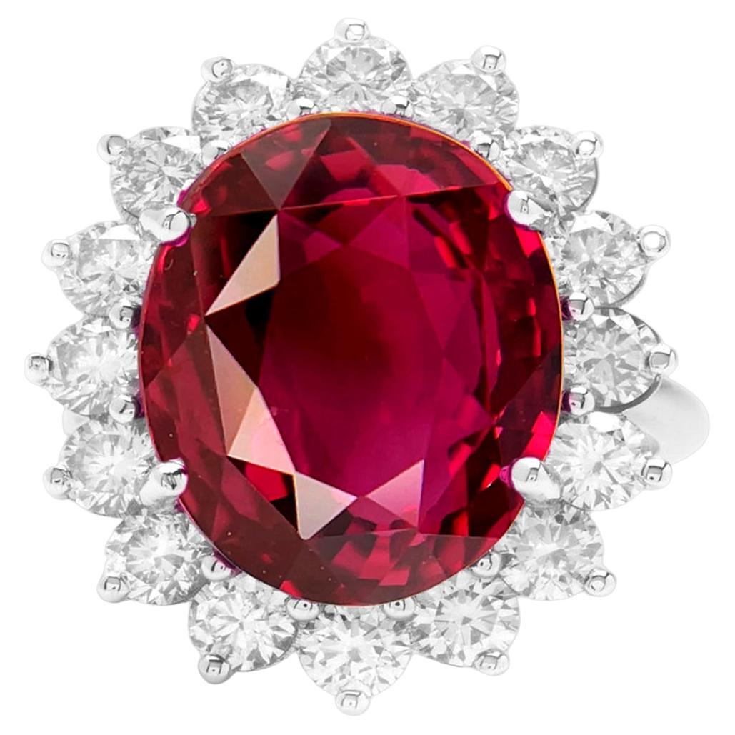 GRS Certified 12 Carat NO HEAT Burmese Ruby Oval Diamond Ring For Sale