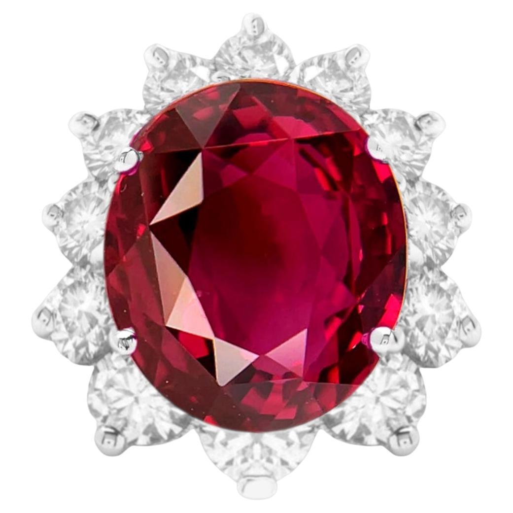 GRS Certified 12 Carat NO HEAT Burmese Ruby Oval Diamond Ring For Sale