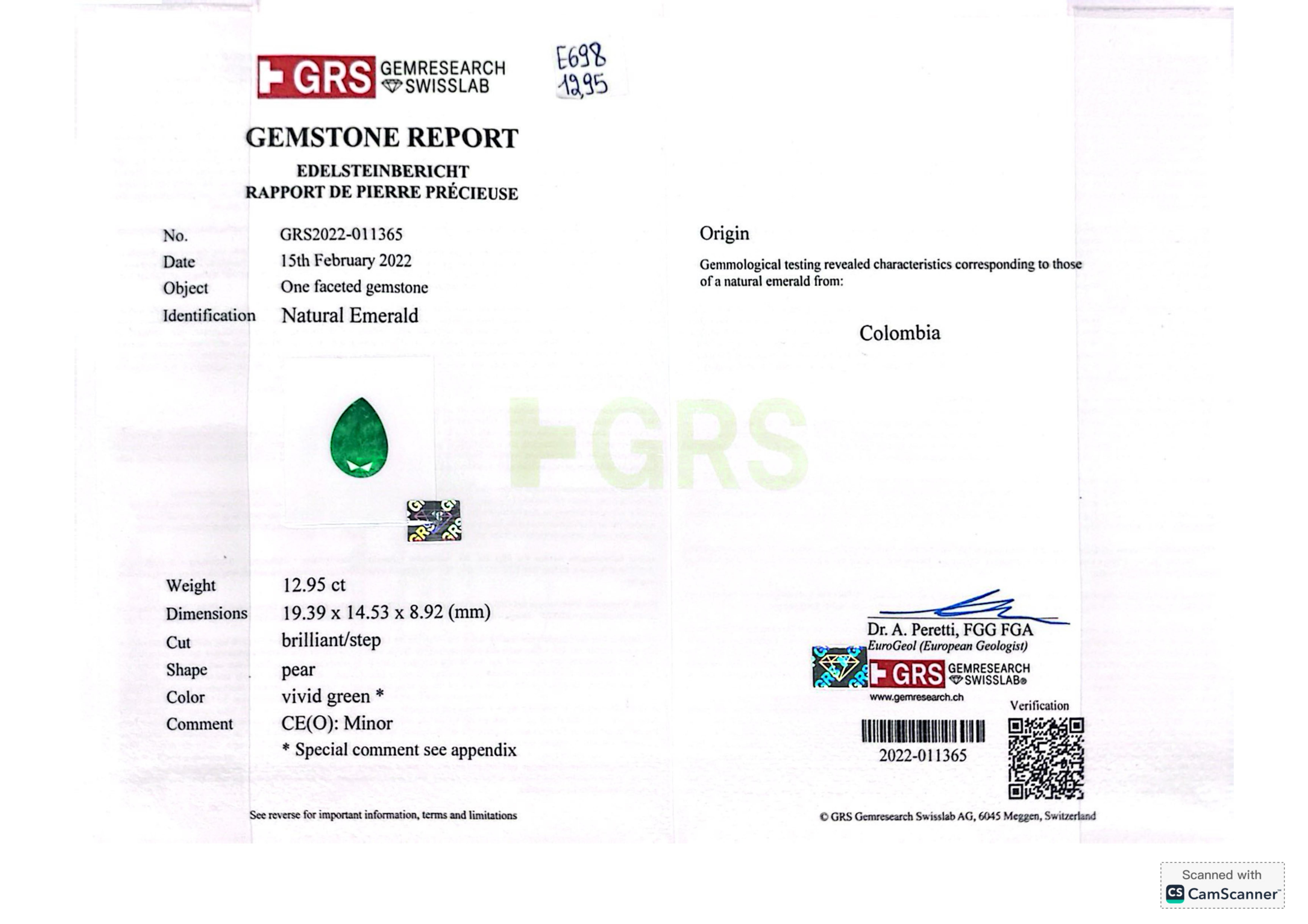 da uomo o donna Collana di smeraldi colombiani con taglio a pera VIVID GREEN certificata GRS da 12 carati in vendita