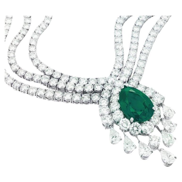 GRS Certified 12 Carat Pear Cut VIVID GREEN Colombian Emerald Necklace