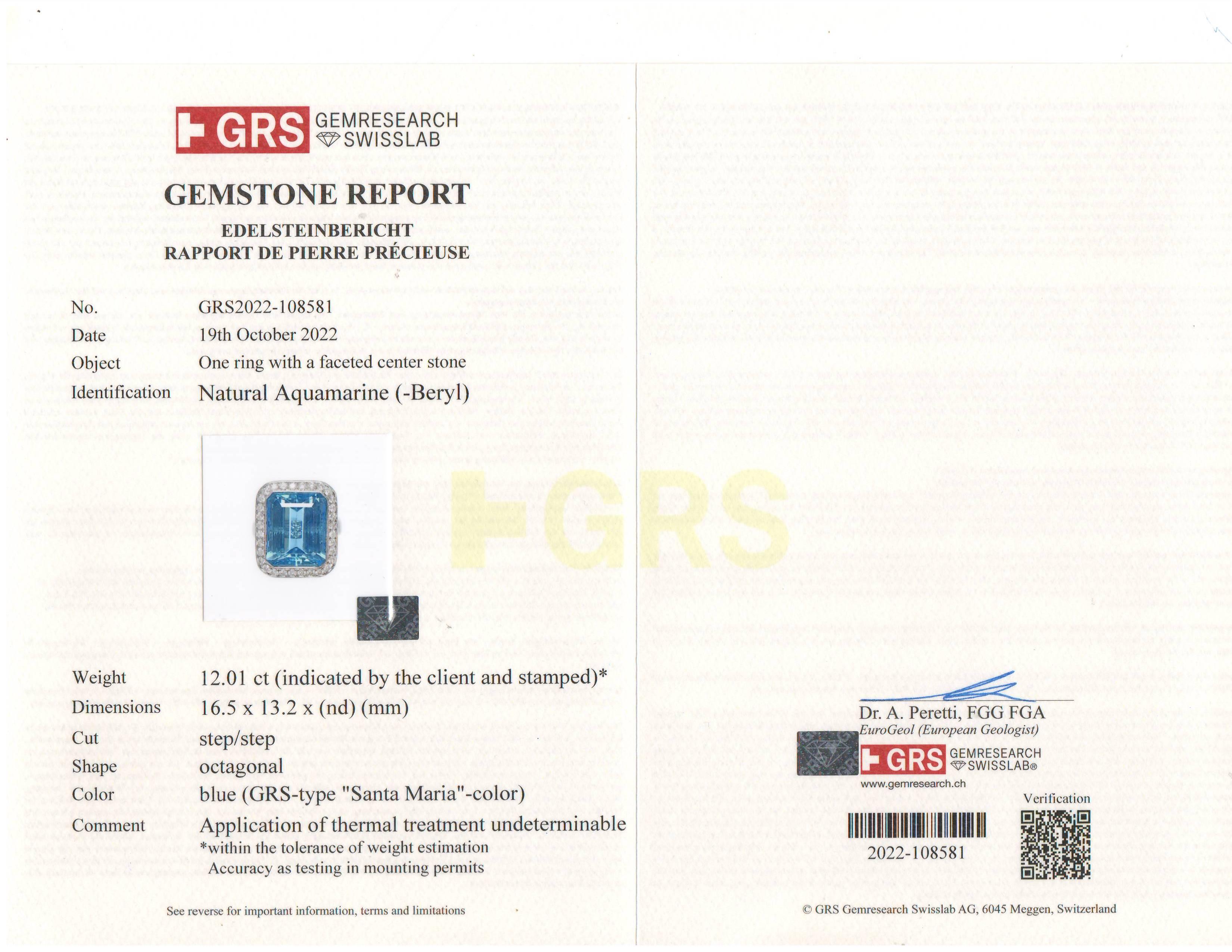 Emerald Cut GRS Certified 12.01 Carat 'No Heat Santa Maria' Aquamarine Classical PT 900 Ring