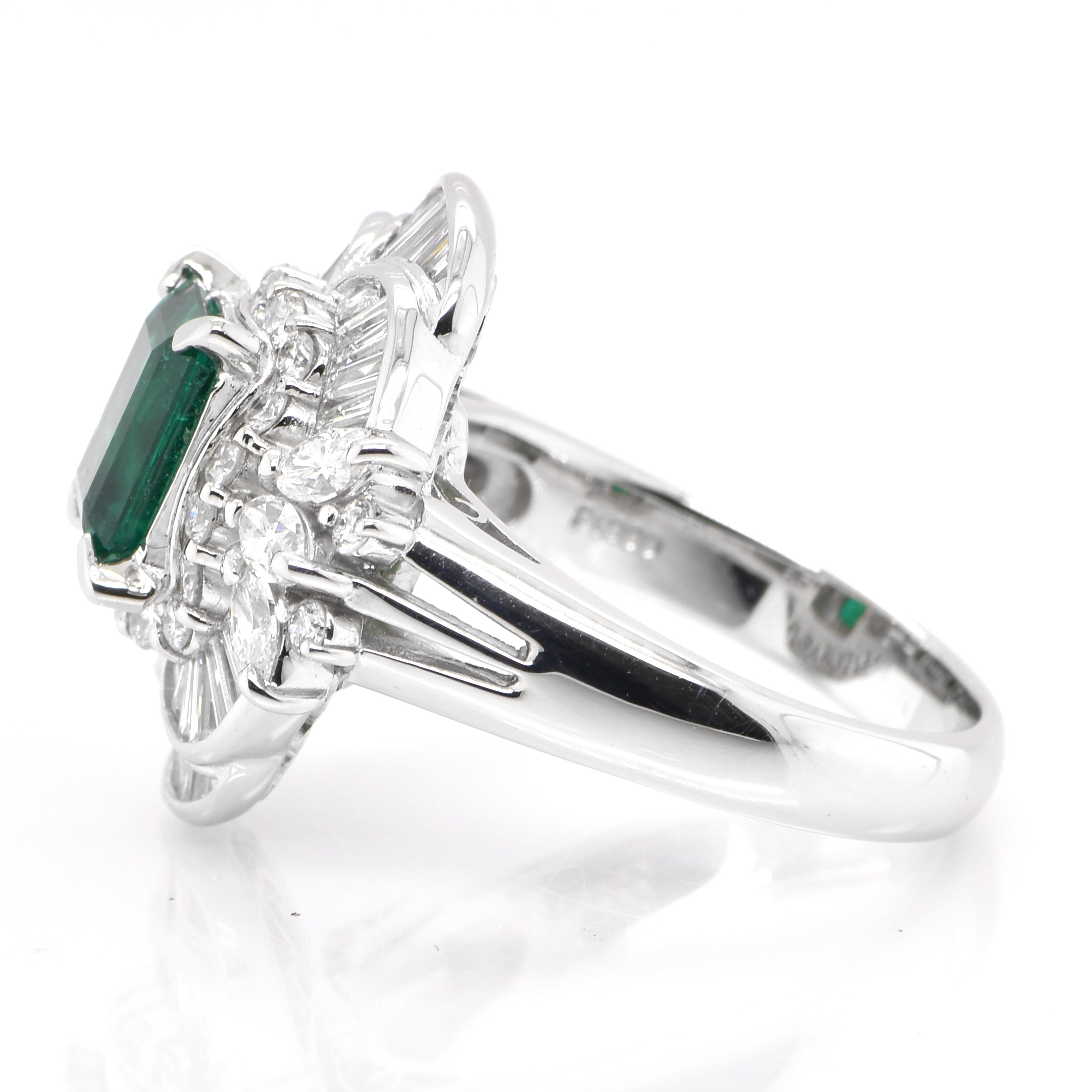 Emerald Cut GRS Certified 1.24 Carat Mizo-Mined Colombian Emerald Ring Set in Platinum For Sale