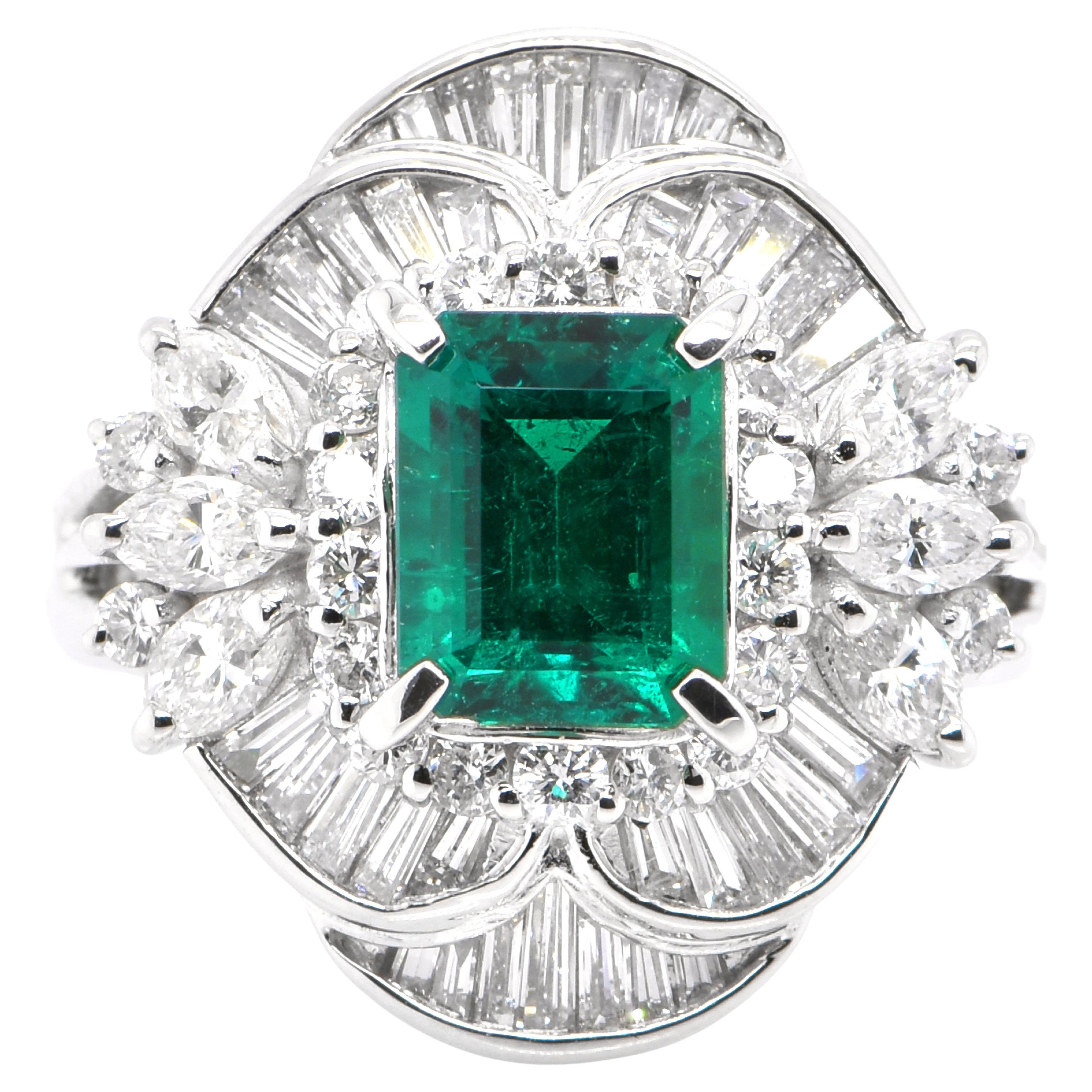 GRS Certified 1.24 Carat Mizo-Mined Colombian Emerald Ring Set in Platinum For Sale