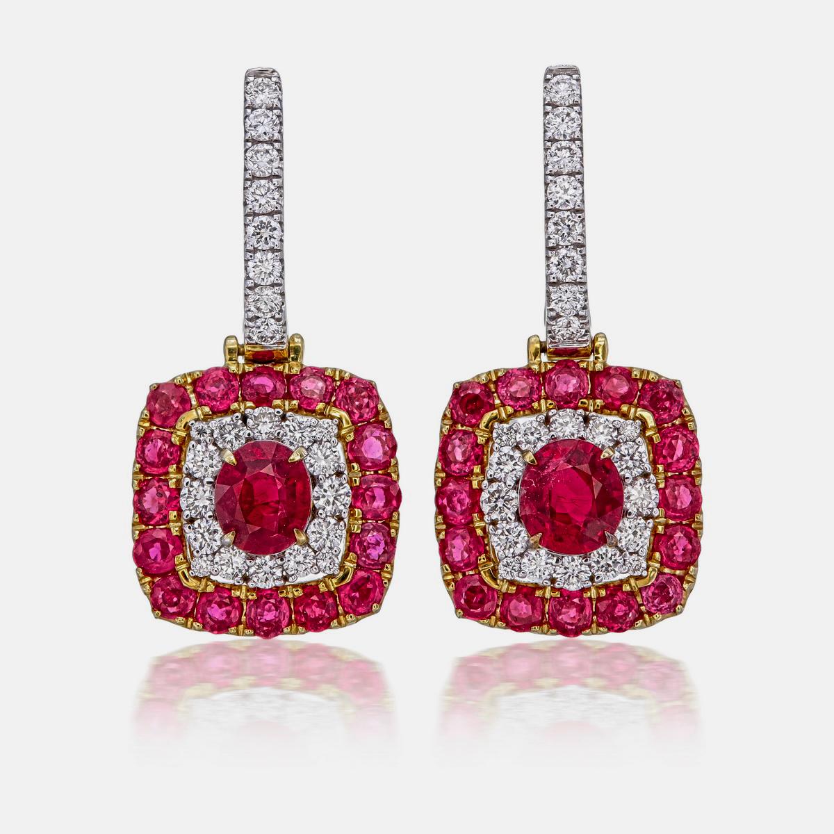 A pair of fine timeless ruby and diamond earrings made in 18 Karat gold. This pair of earrings embraces vintage with it's ruby embroidery along side the edge and it's boxy silhouette; a great fit for lifestyle wear and to semi-formal events.

-