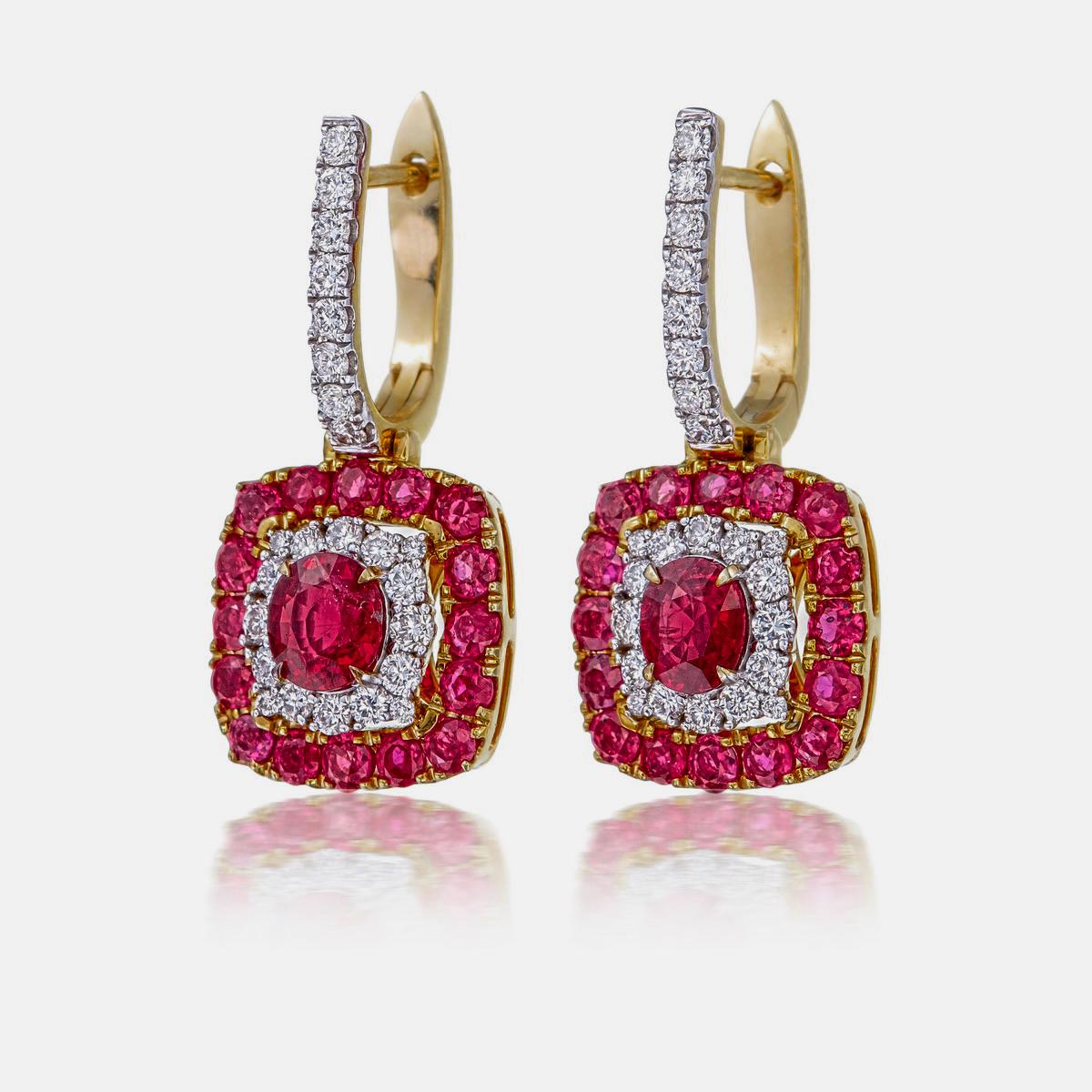 Cushion Cut GRS Certified 1.26 Carat Pigeon Blood Ruby and Diamond Earrings For Sale