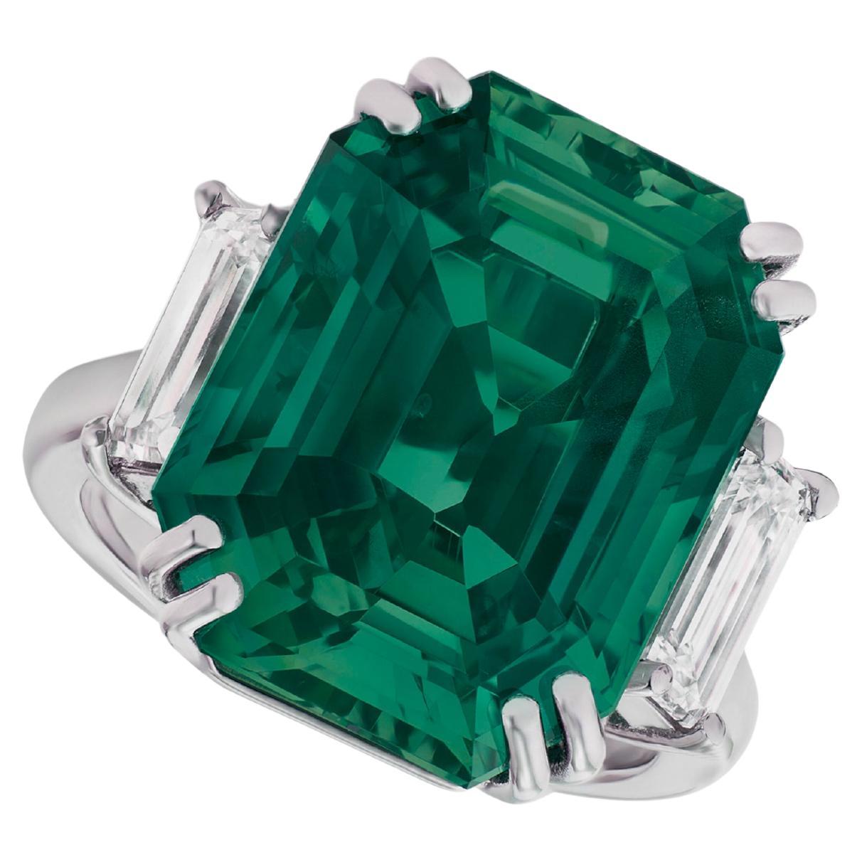 GRS Certified 12.60 Carat Green Emerald Trapezoid Ring