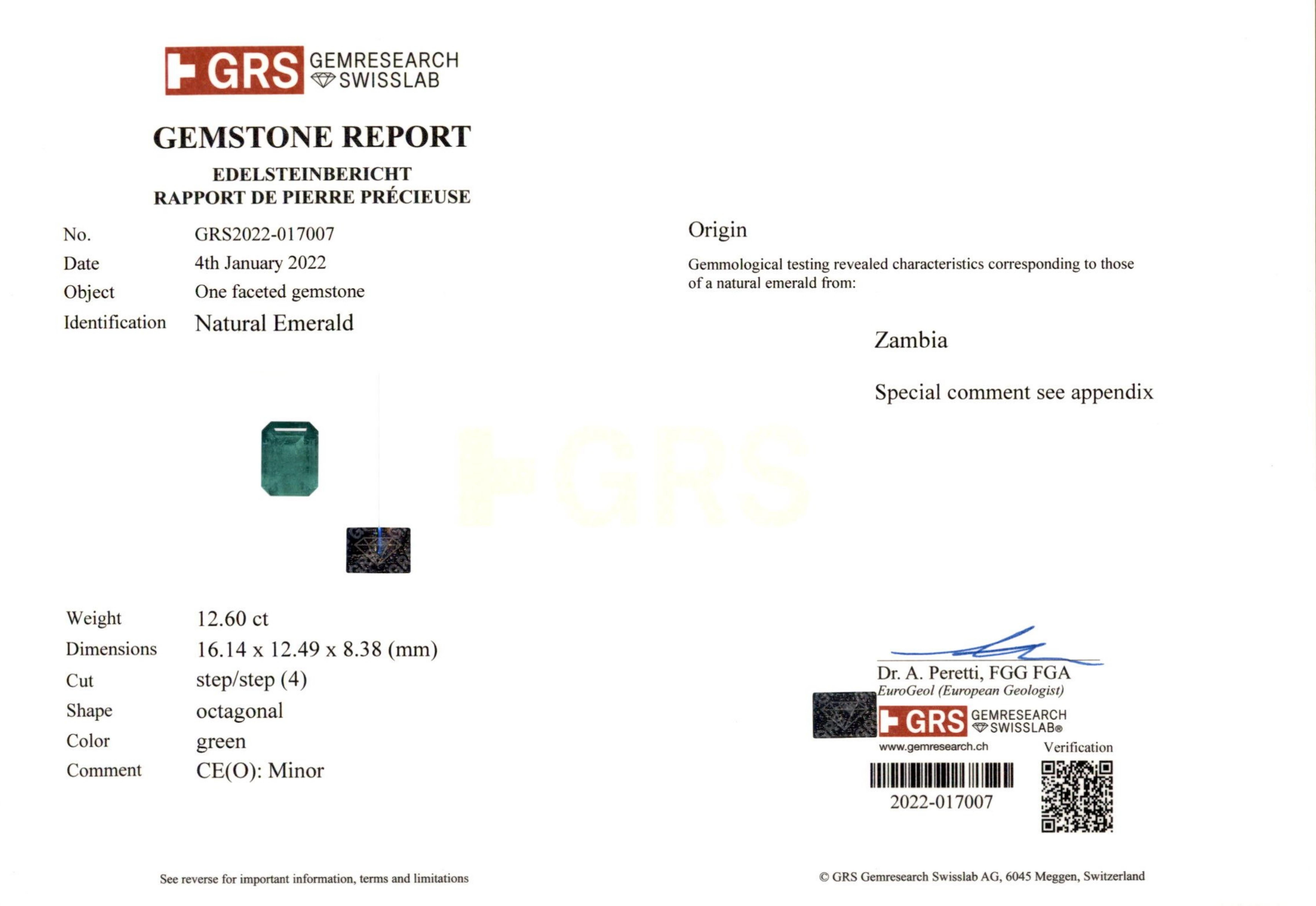 GRS-zertifizierter 12,60 Karat sambischer Smaragd-Diamantenring im Zustand „Neu“ im Angebot in Chicago, IL