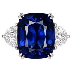 GRS Certified 12.88 Carat Cushion  Blue No Heat vivid Blue Sapphire Ring