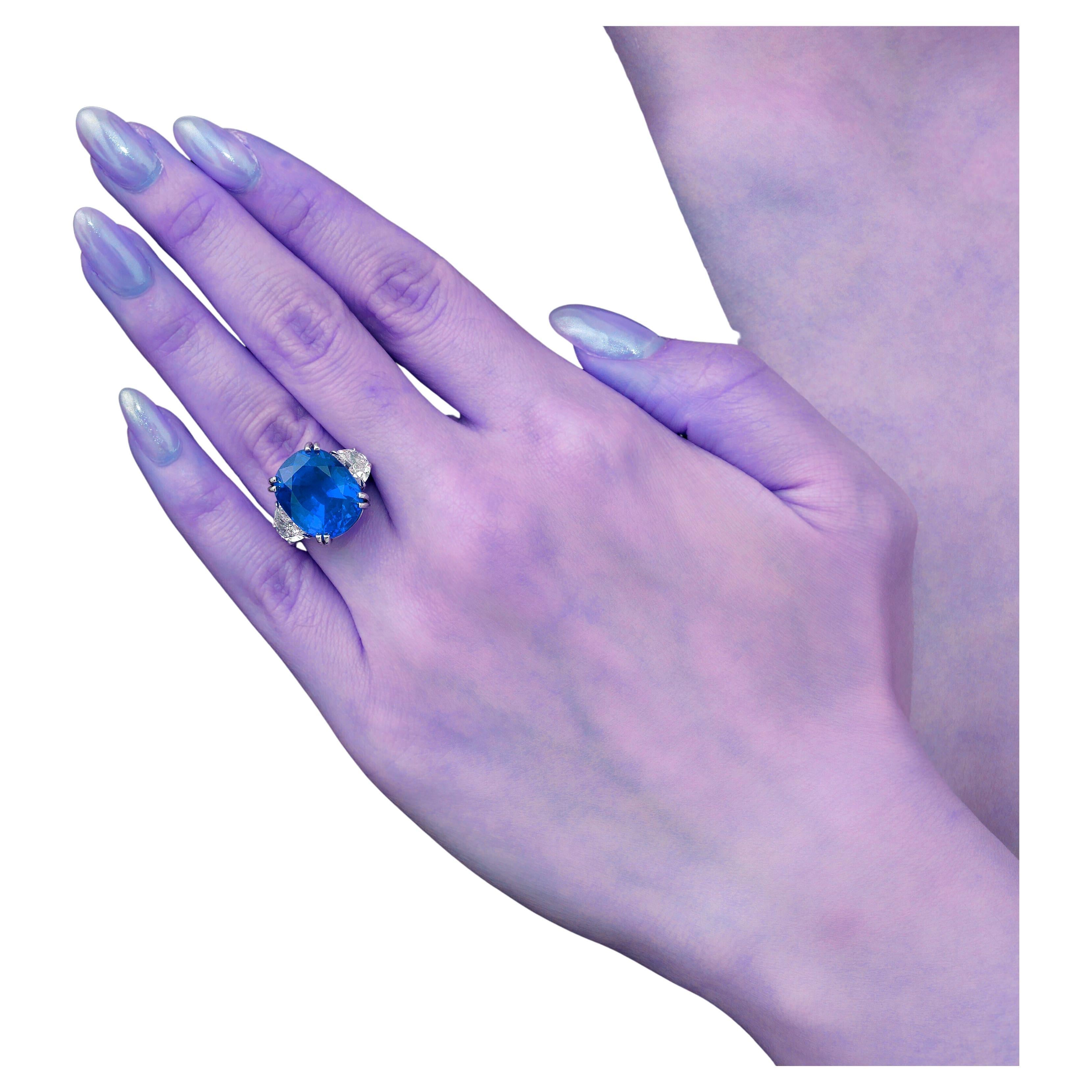 Cushion Cut GRS Certified 12.88 Ct. Ceylon Sapphire  Diamond Platinum Ring For Sale