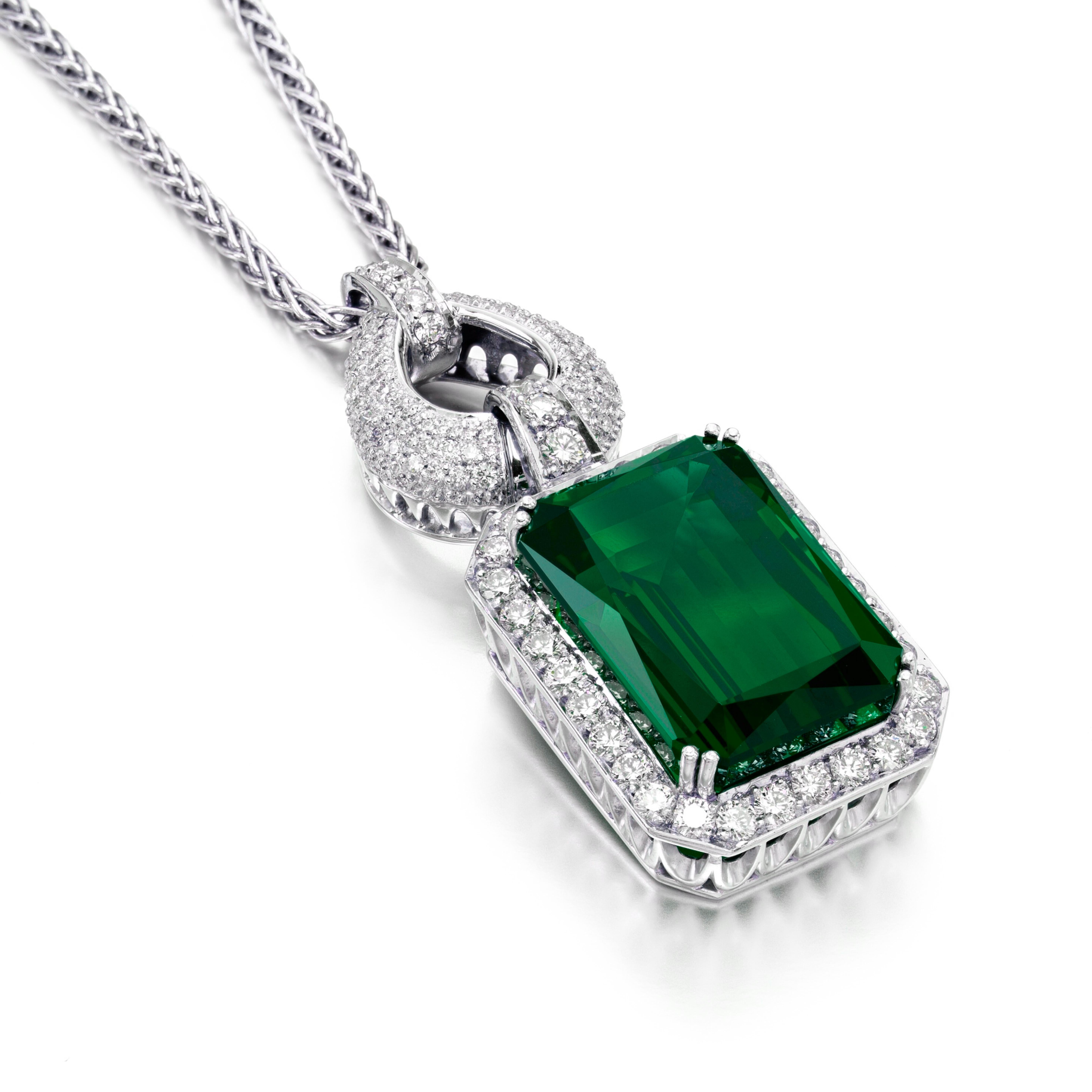 Emerald Cut GRS Certified 12.89 Carat Minor Oil Emerald Pendant Necklace For Sale