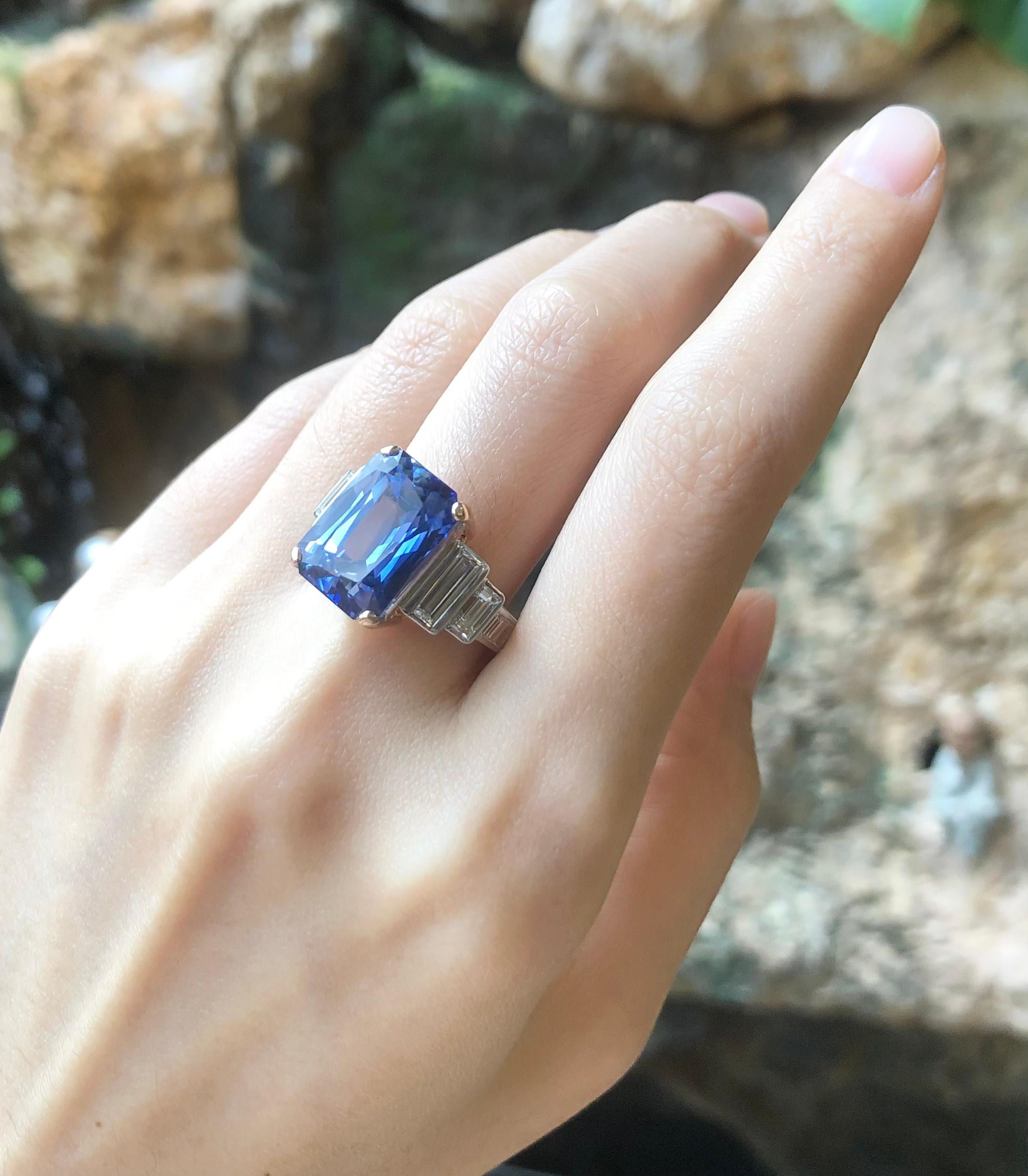 Emerald Cut GRS Certified 12cts Ceylon Blue Sapphire with Diamond Ring in 18K White Gold For Sale