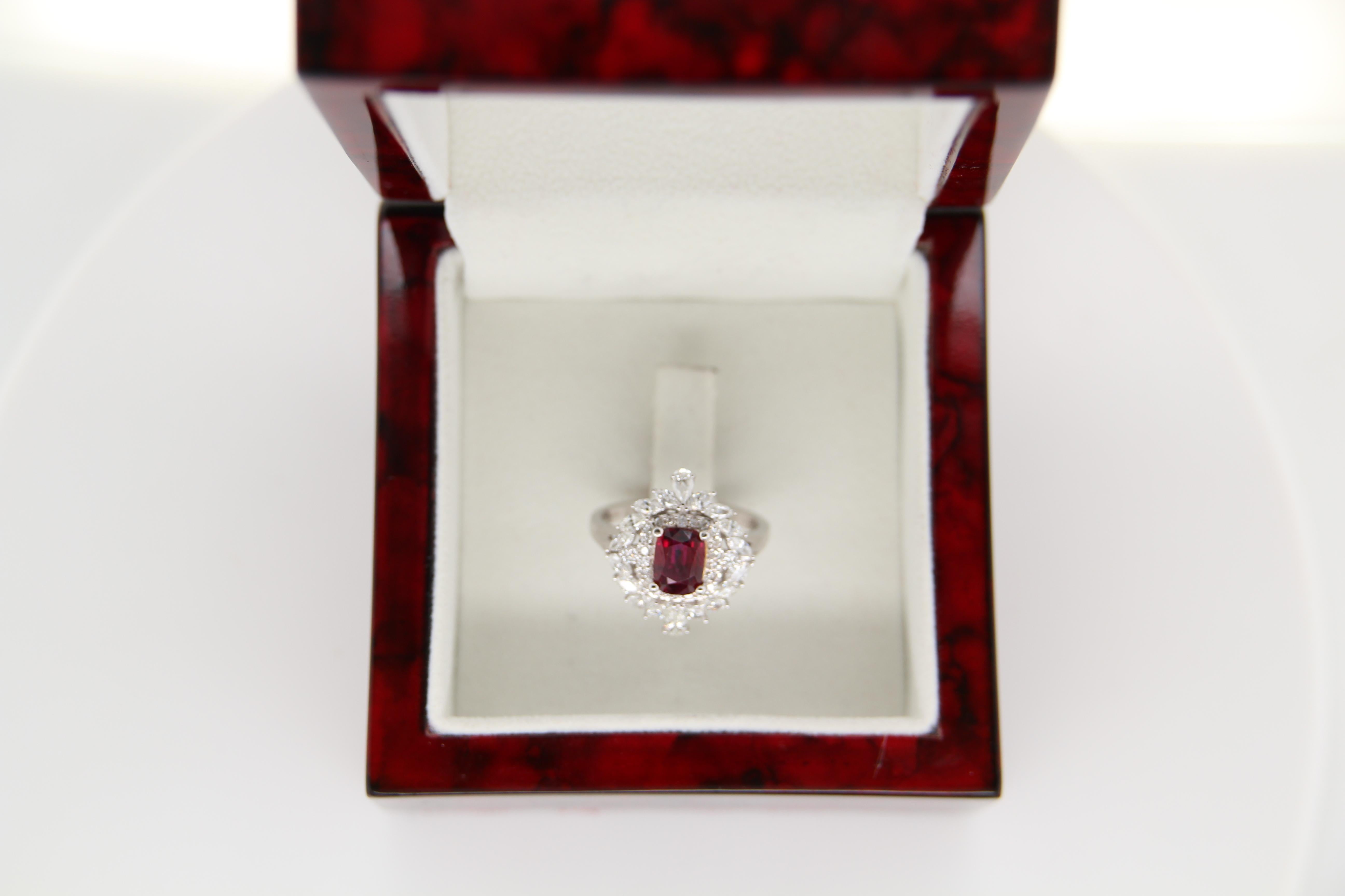 GRS Certified 1.34 Carat Burma Ruby Pigeon Blood Diamond 18 Karat Gold Ring 1