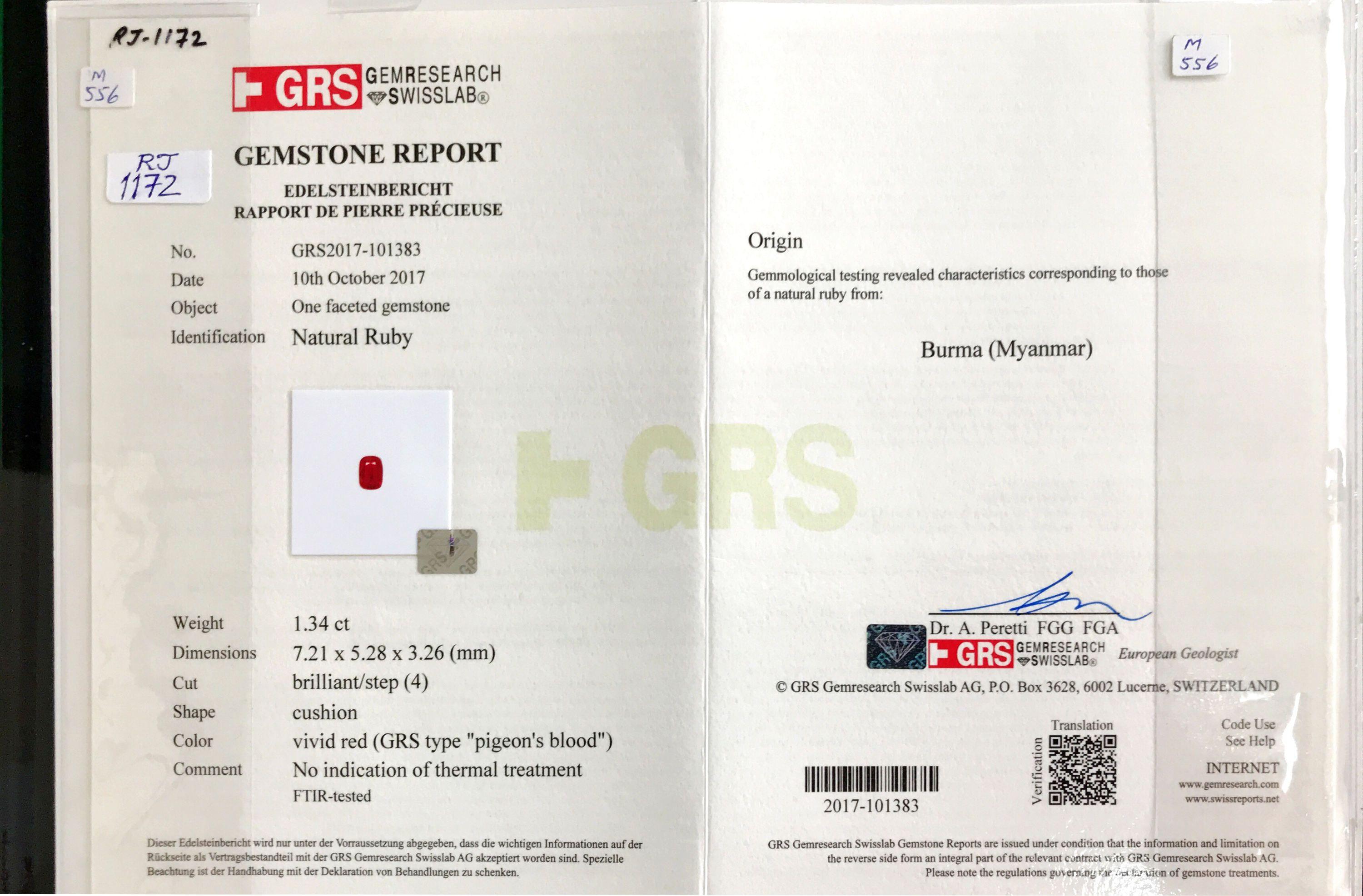 GRS Certified 1.34 Carat Burma Ruby Pigeon Blood Diamond 18 Karat Gold Ring 2