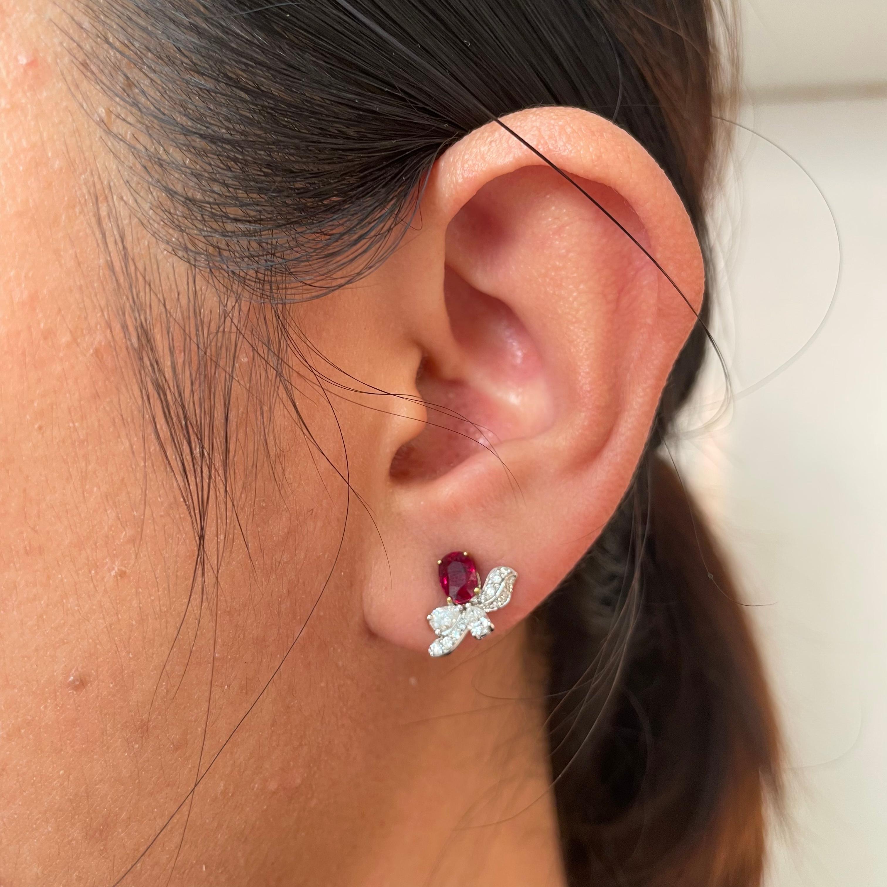 GRS Certified 1.35 Carat Pigeon Blood Ruby and Diamond Earrings For Sale 2