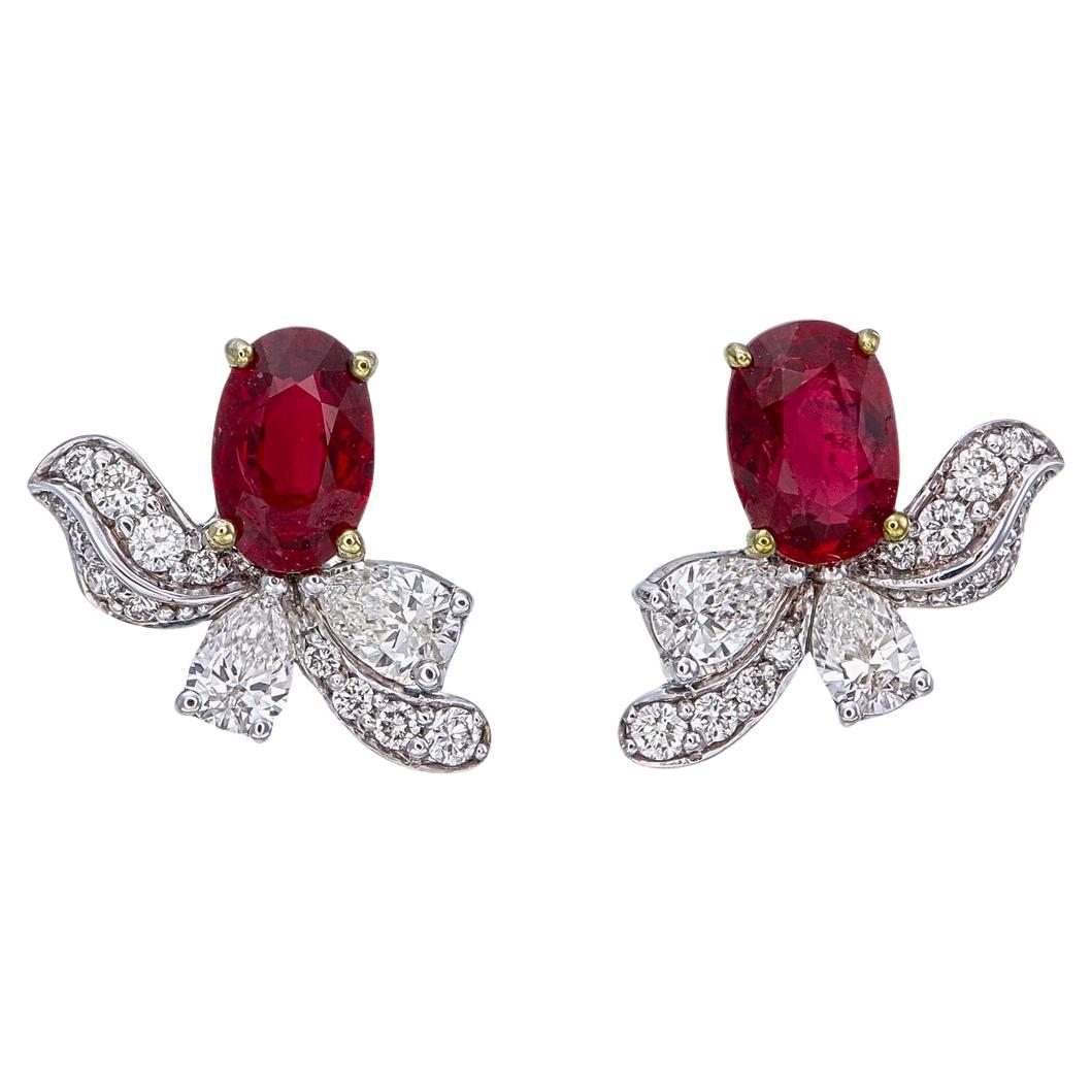 GRS Certified 1.35 Carat Pigeon Blood Ruby and Diamond Earrings For Sale
