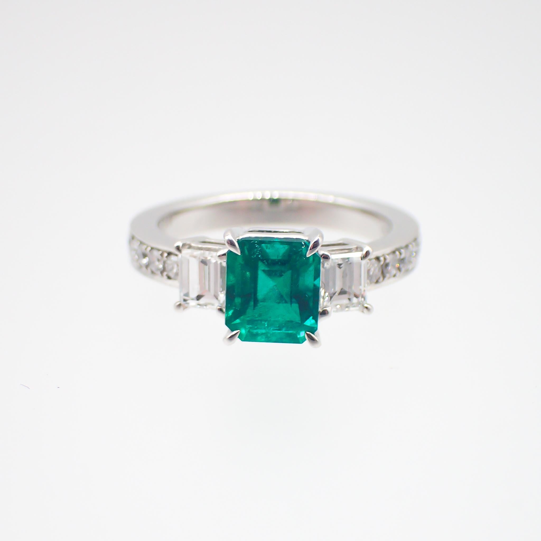 Crafted in Platinum, the center is adorned by a GRS Certified vivid green color-saturated, legendary color variety, Muzo Colombian emerald. Colombian specifically from the Muzo mines is the finest color and high luster.
A rarity of nature, weighing