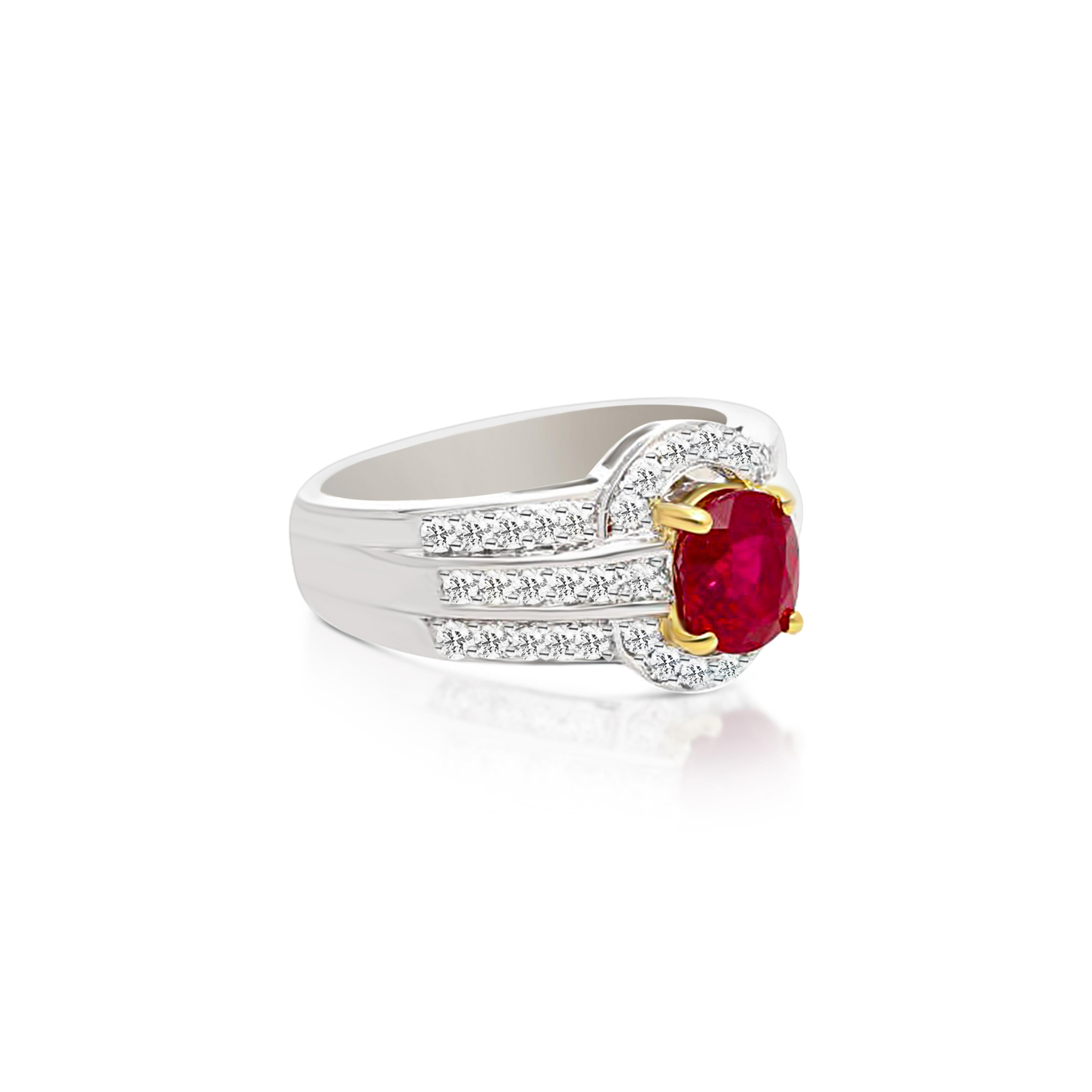 Anillo de oro de 18 quilates con diamantes y rubíes de sangre de paloma de Birmania de 1,37 quilates con certificado GRS en venta 7