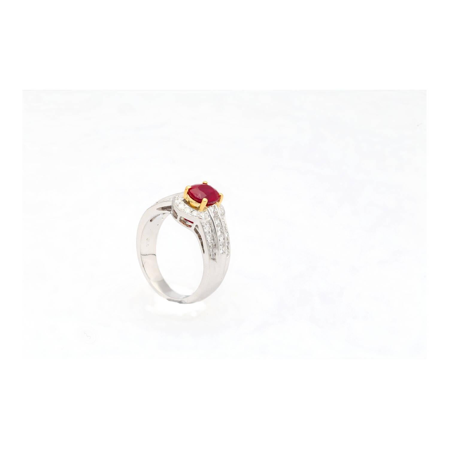 Contemporary GRS Certified 1.37 Carat Burma Pigeon Blood Ruby & Diamond Ring in 18K Gold For Sale