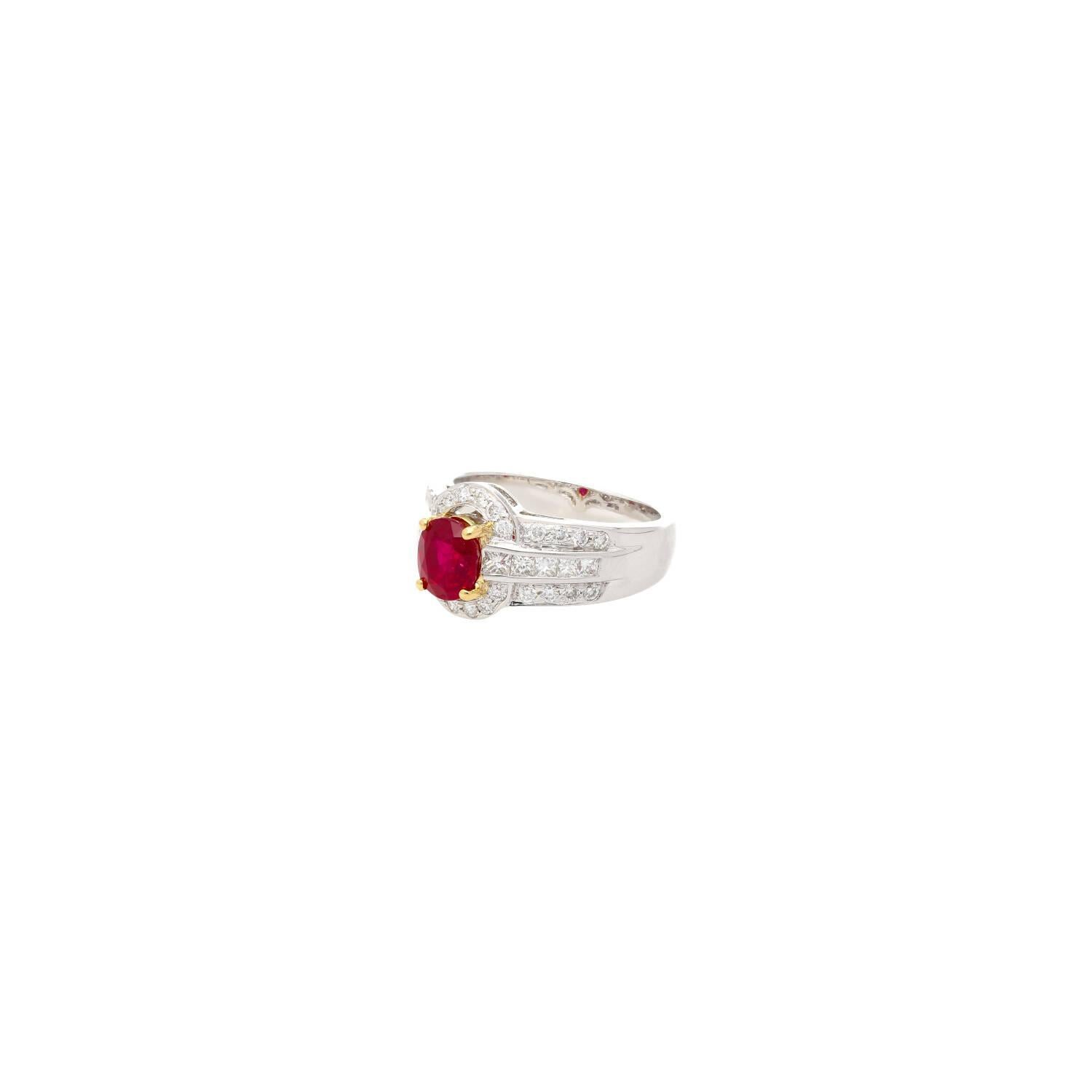 GRS Certified 1.37 Carat Burma Pigeon Blood Ruby & Diamond Ring in 18K Gold For Sale 1