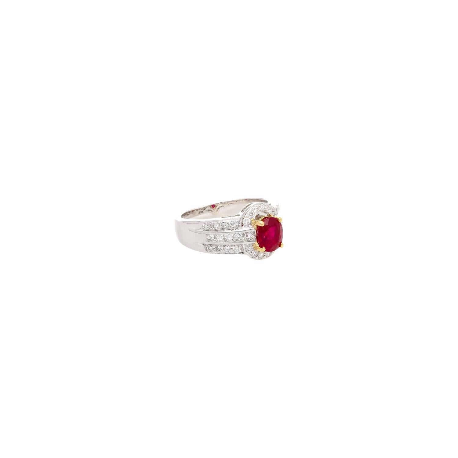 GRS Certified 1.37 Carat Burma Pigeon Blood Ruby & Diamond Ring in 18K Gold For Sale 3