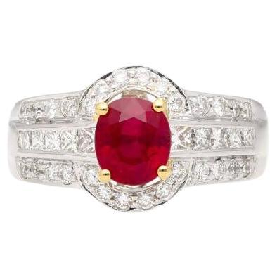 GRS Certified 1.37 Carat Burma Pigeon Blood Ruby & Diamond Ring in 18K Gold For Sale
