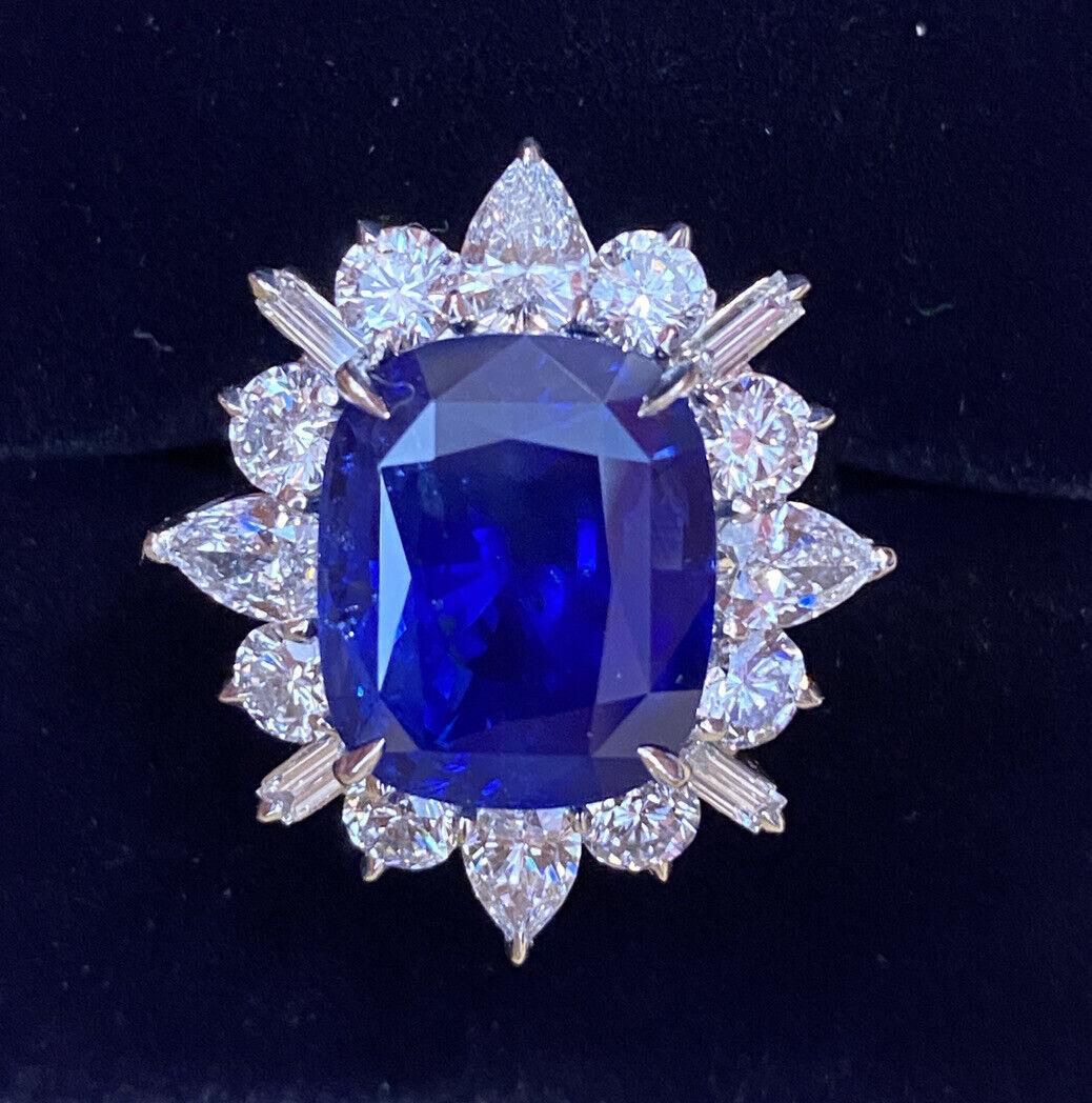 GRS Certified 13.75 Ct Royal /Vivid Blue Ceylon Sapphire & Diamond Platinum Ring 3