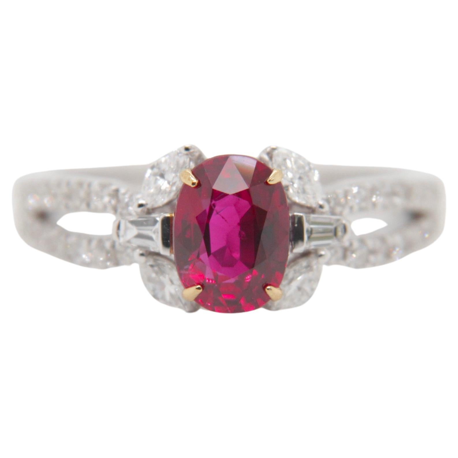 GRS Certified 1.38 Carat Burmese Ruby No Heat Pigeon Blood Ring in 18k Gold For Sale