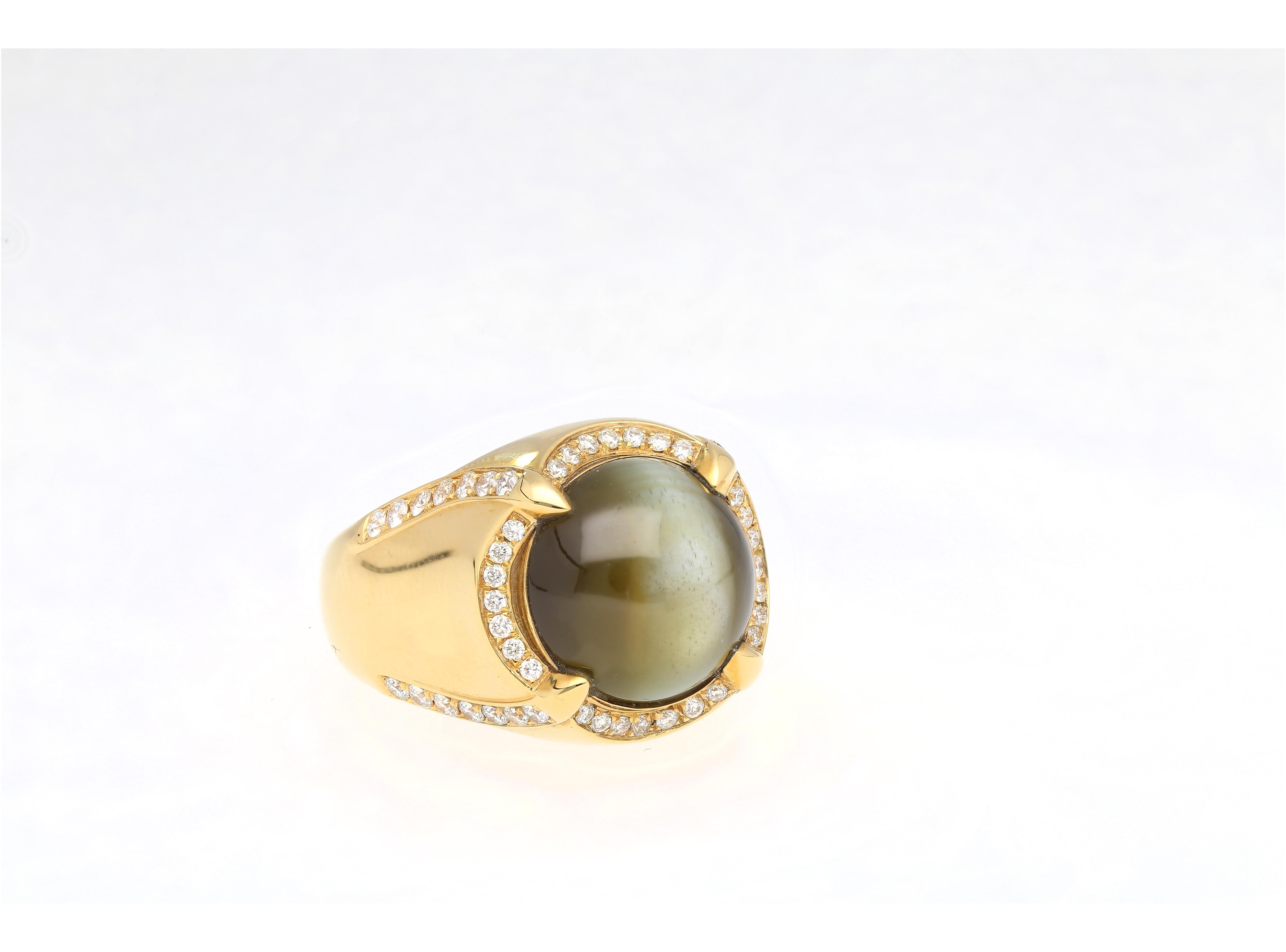 Art Deco GRS Certified 13.89 Carat Chrysoberyl Cats Eye Mens 18K Gold Ring For Sale