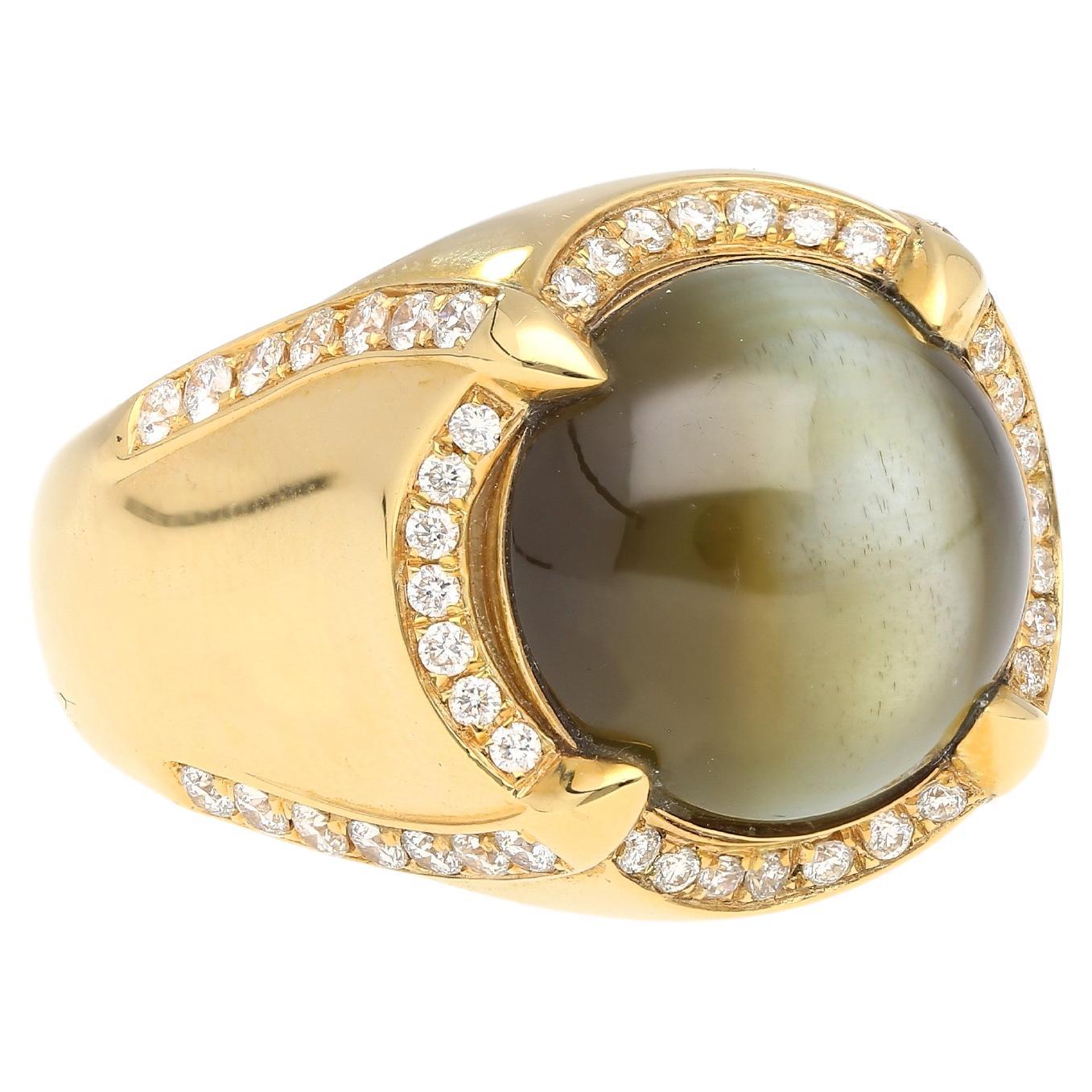 GRS Certified 13.89 Carat Chrysoberyl Cats Eye Mens 18K Gold Ring