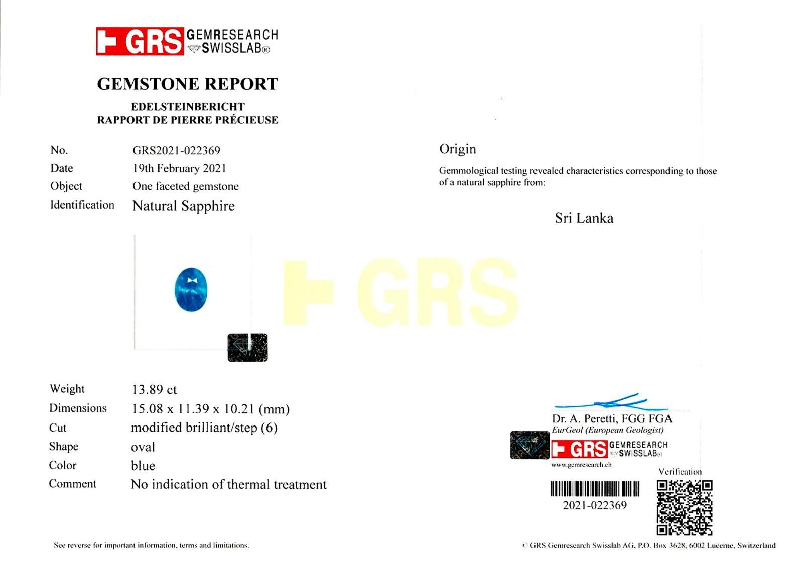 Taille ovale Bague avec saphir bleu de Ceylan non chauffé et diamant certifié GRS de 13.89 carats en vente