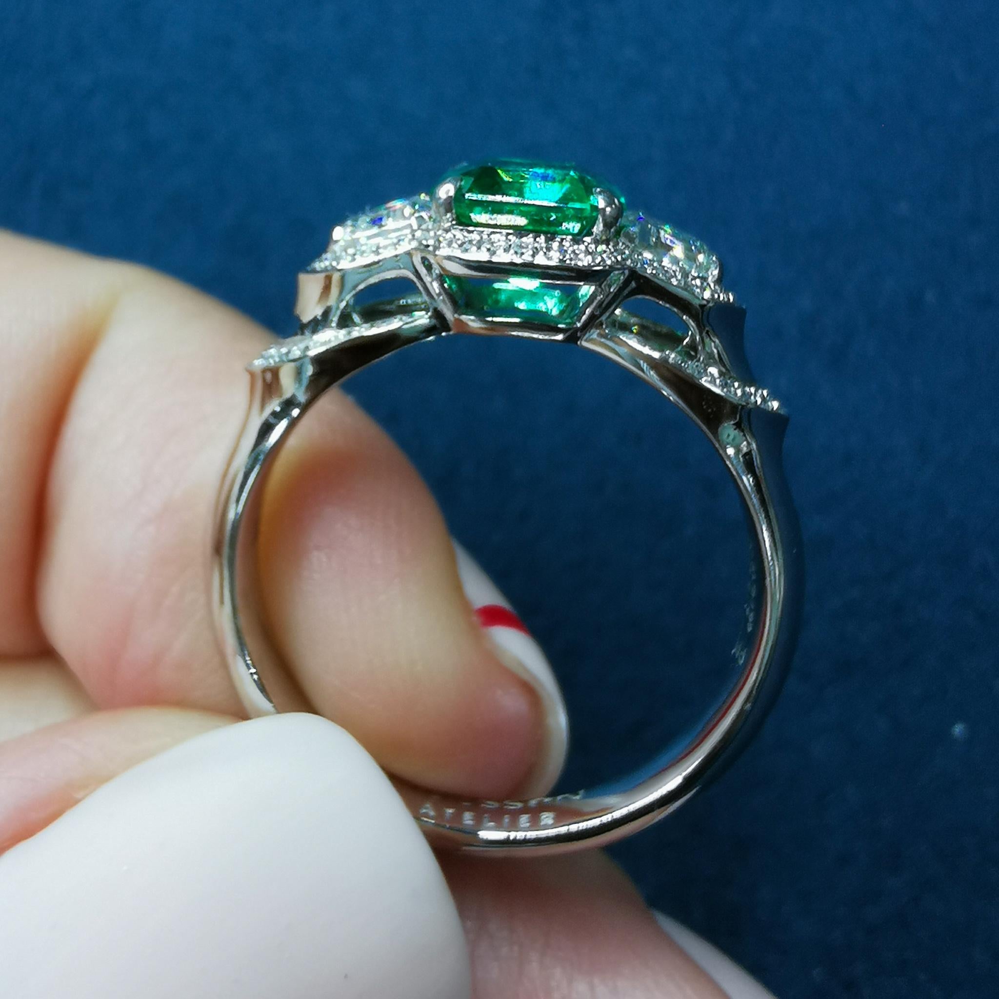 Octagon Cut GRS Certified 1.39 Carat Colombian Emerald Diamond 18 Karat White Gold Ring For Sale