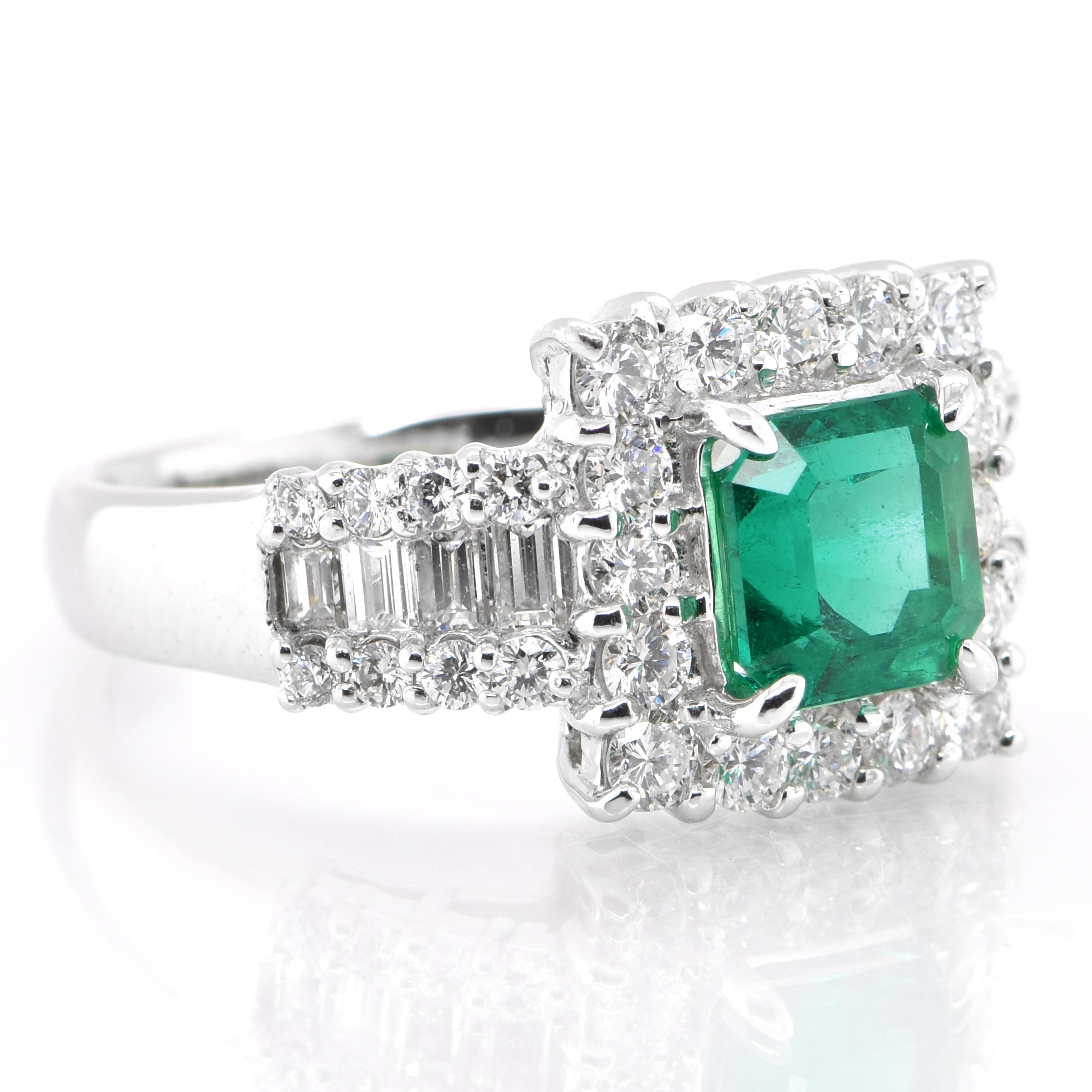 A stunning ring featuring a GRS Certified 1.39 Carat Natural Vivid Green Colombian Emerald and 1.14 Carats of Diamond Accents set in Platinum. People have admired emerald’s green for thousands of years. Emeralds have always been associated with the