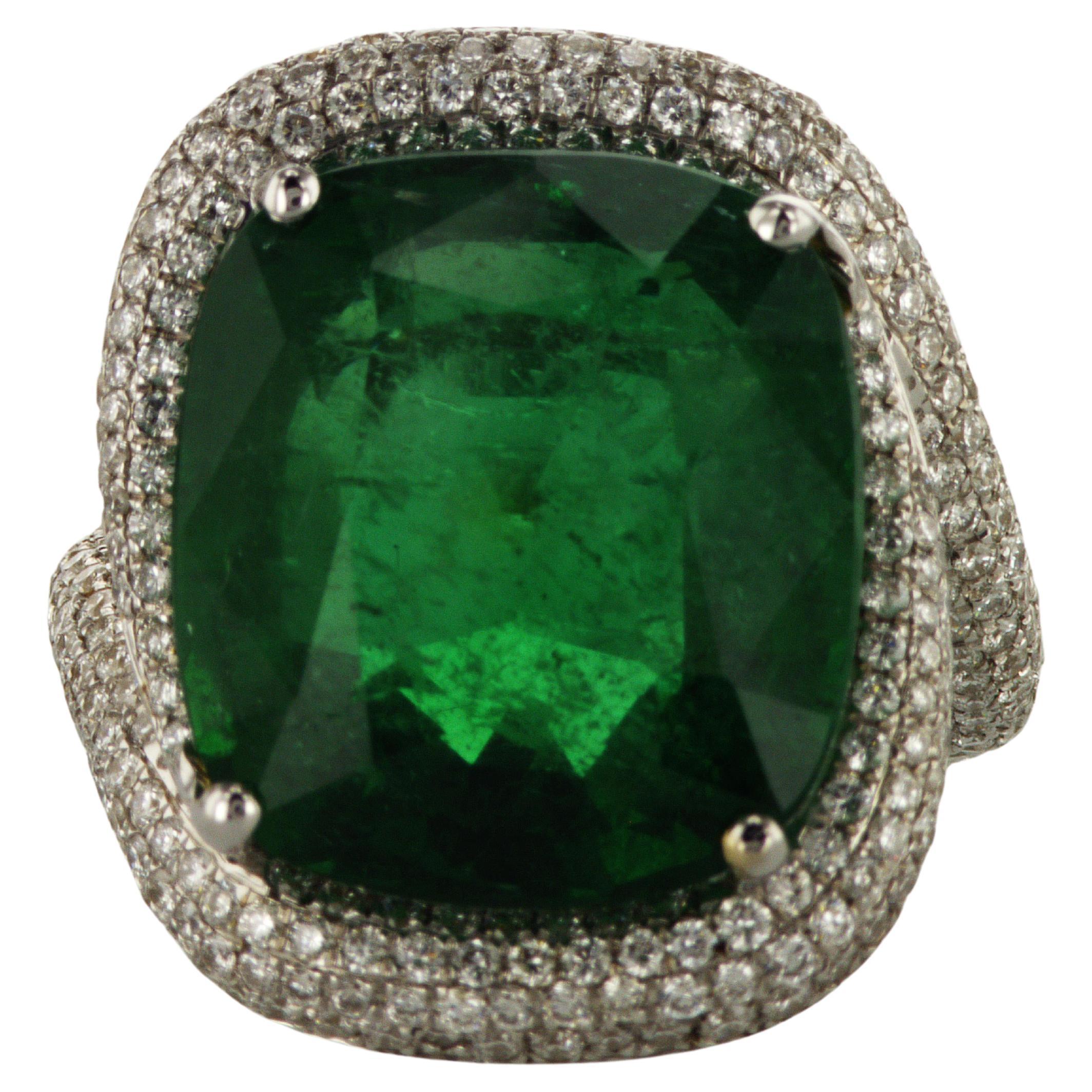 GRS Certified 13.98 Carat Vivid Green Zambian Emerald Diamonds Coktail Ring For Sale