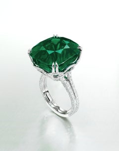 GRS Certified 14 Carat Cushion Cut Emerald Double Pave Diamond Ring
