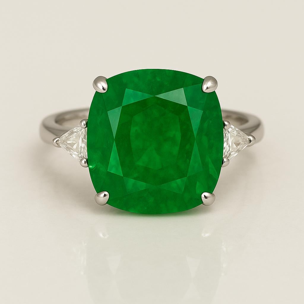 Contemporary GRS Certified 14.11 Carat Natural Green Emerald Minor Oil Diamond Platinum Ring For Sale